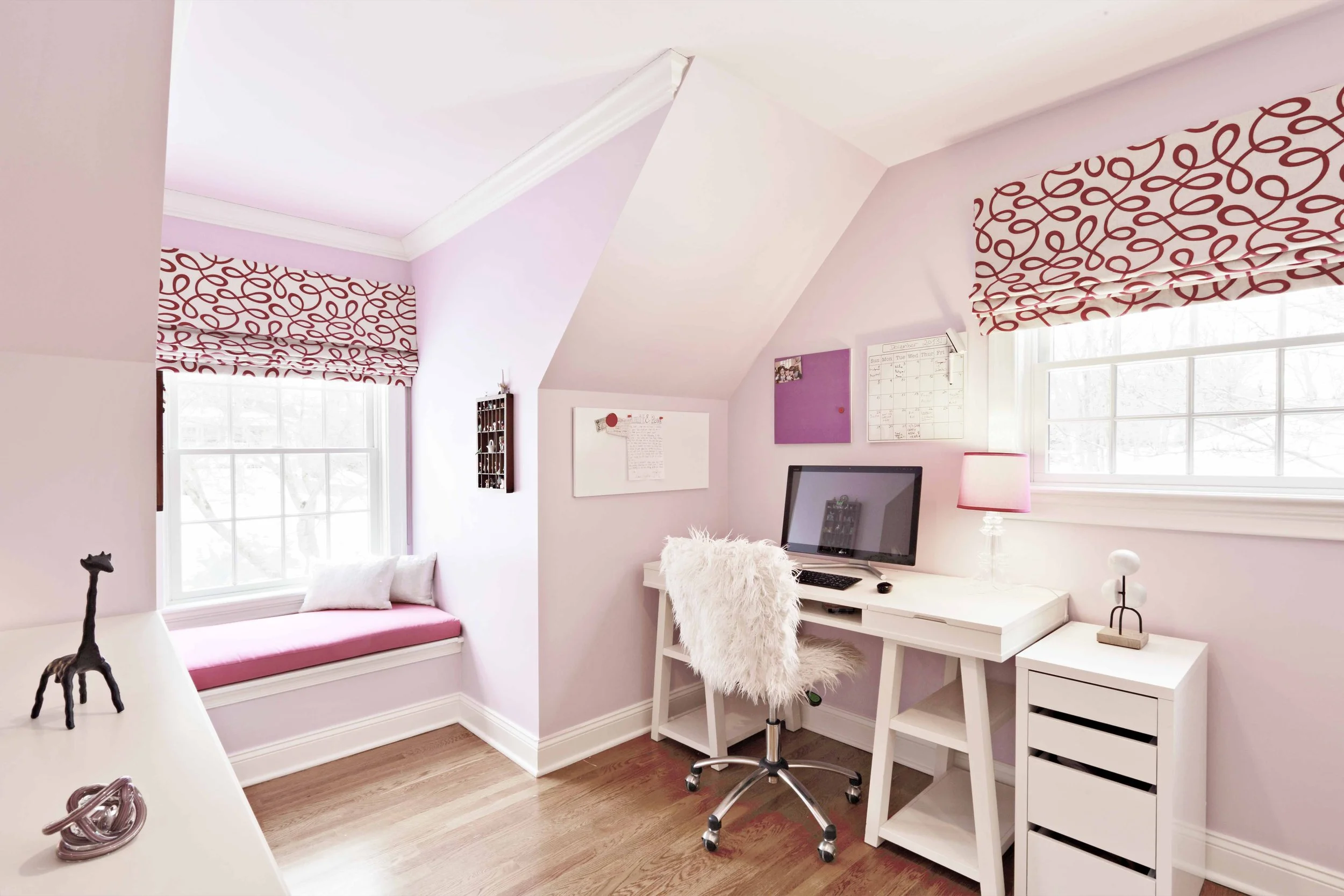 Custom window seat and study nook detail in a girl’s bedroom at the Old Wagon project in Old Greenwich, CT.