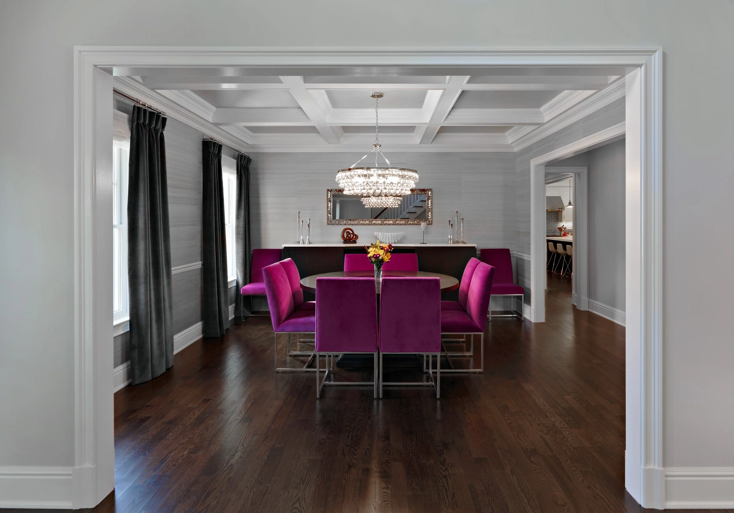 Wide view of Parkfield House in Scarsdale NY formal dining room.