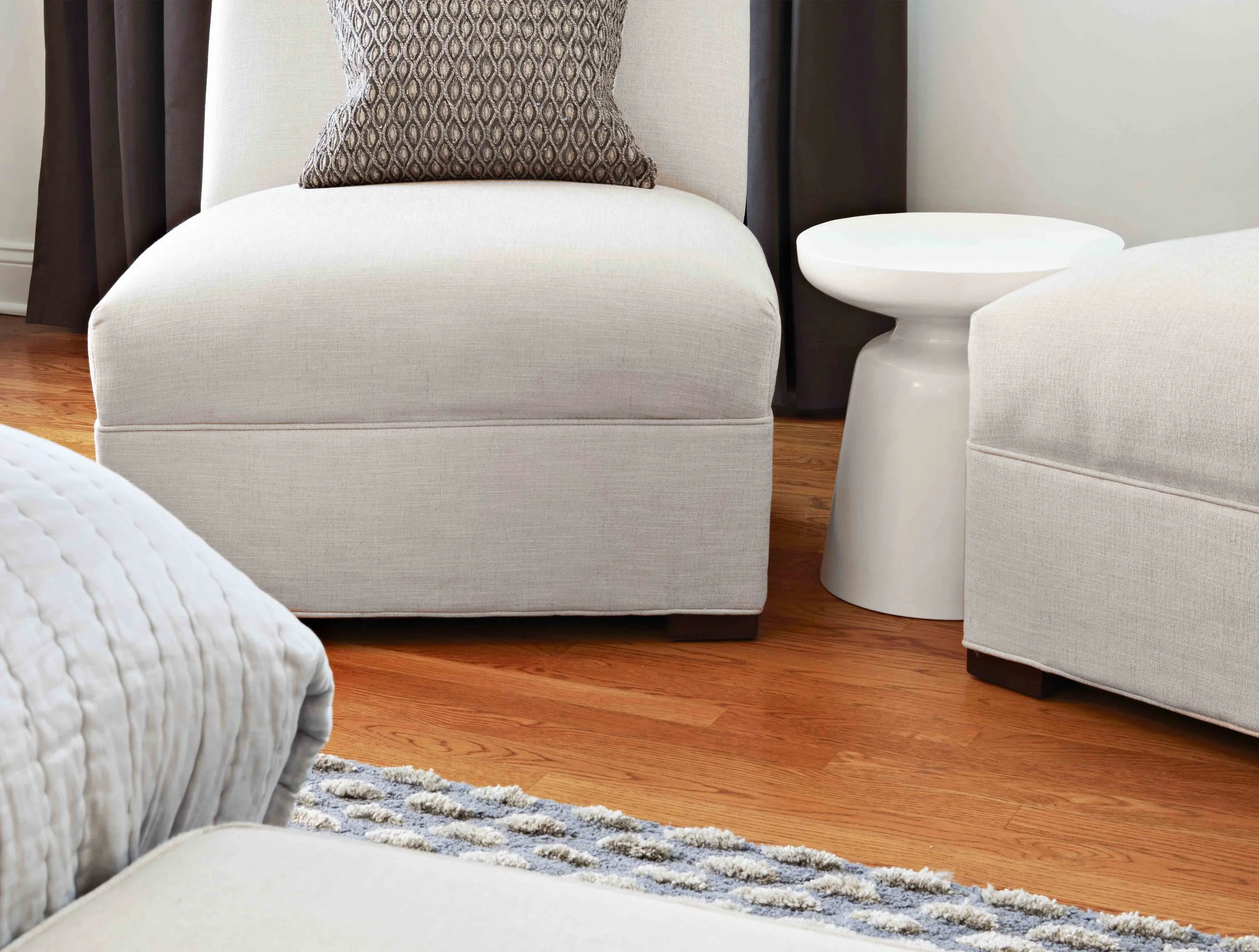 Furniture and textile detail in the primary bedroom for the Old Wagon project in Old Greenwich, CT.