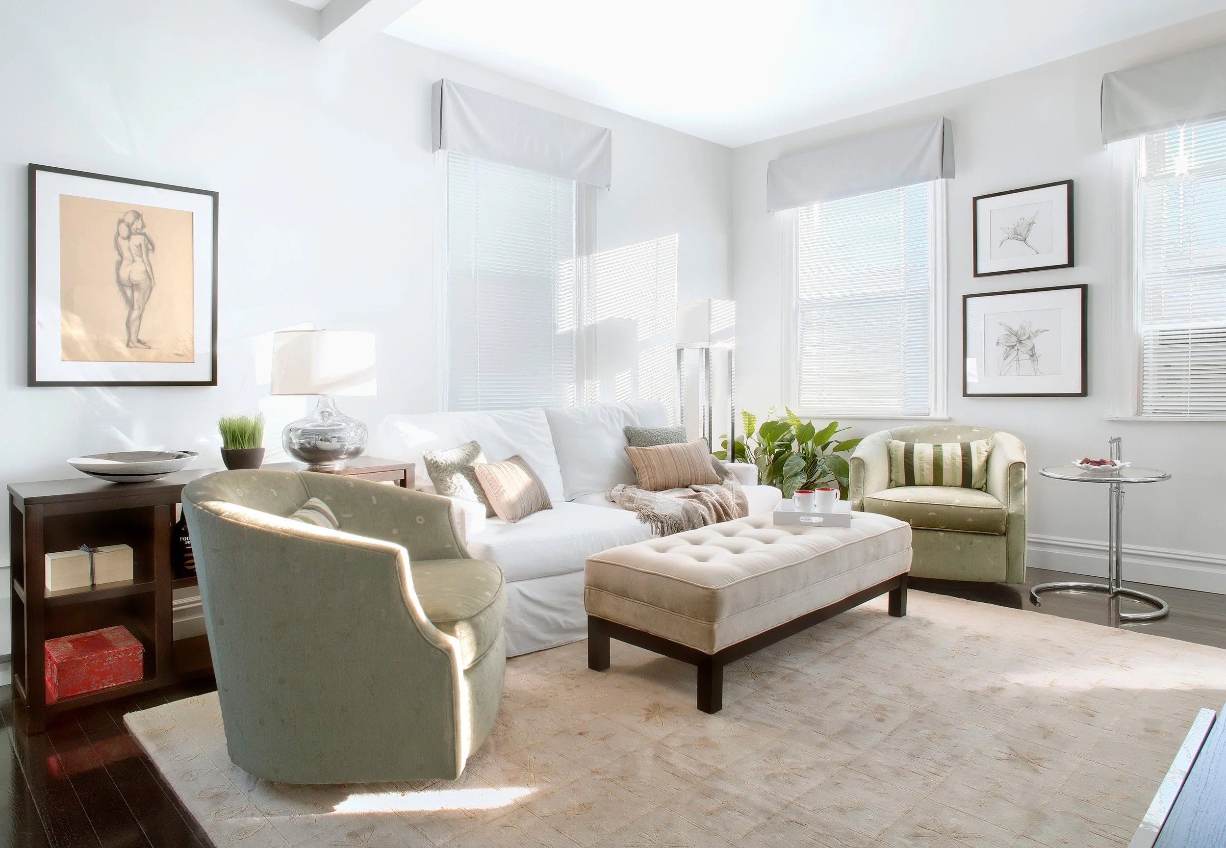 Wide view of living room at the Muliner House in Bronx, NY.