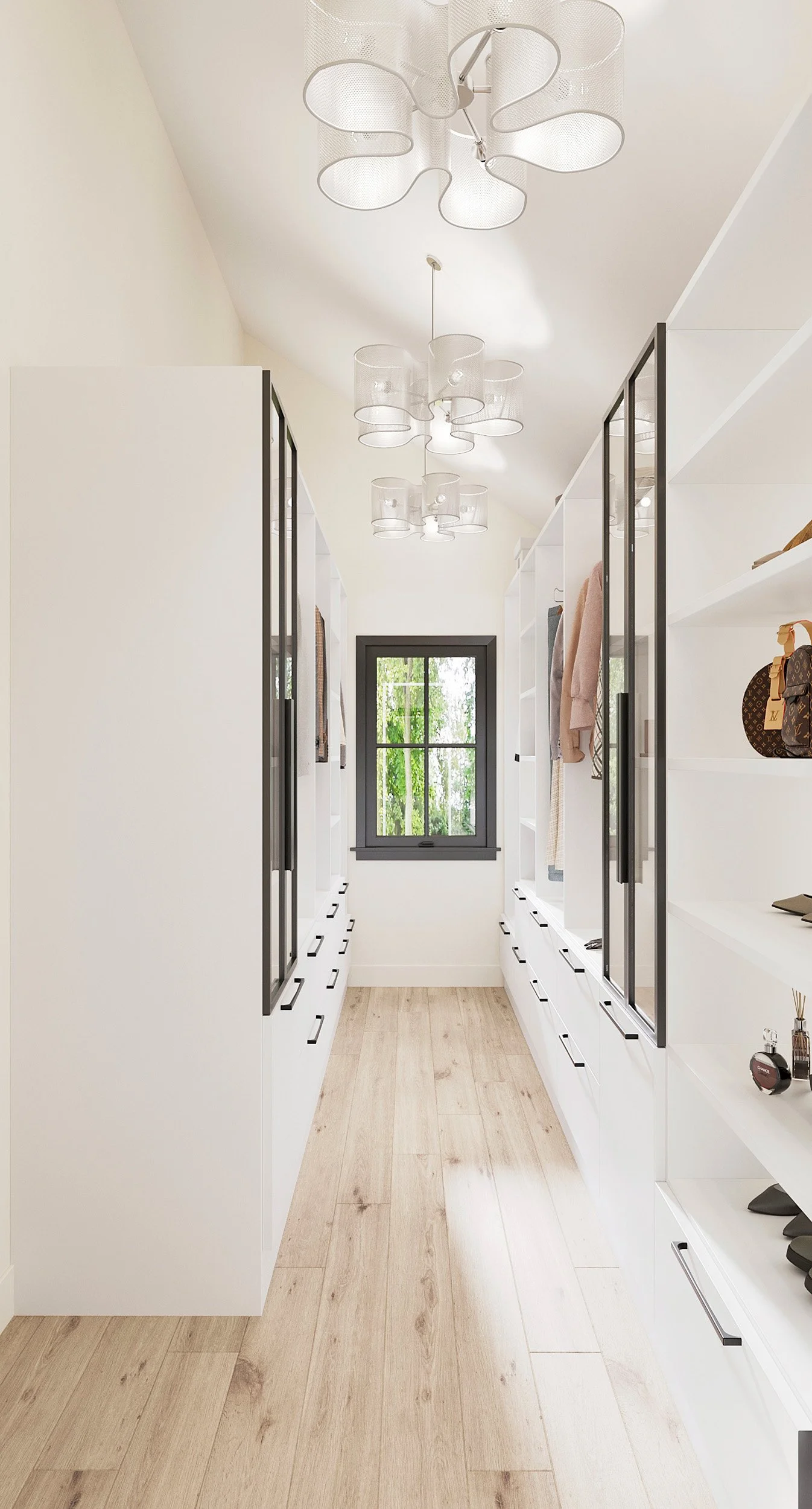 Custom walk-in primary closet with natural light in Nanny Hagen House in Thorwood, NY.