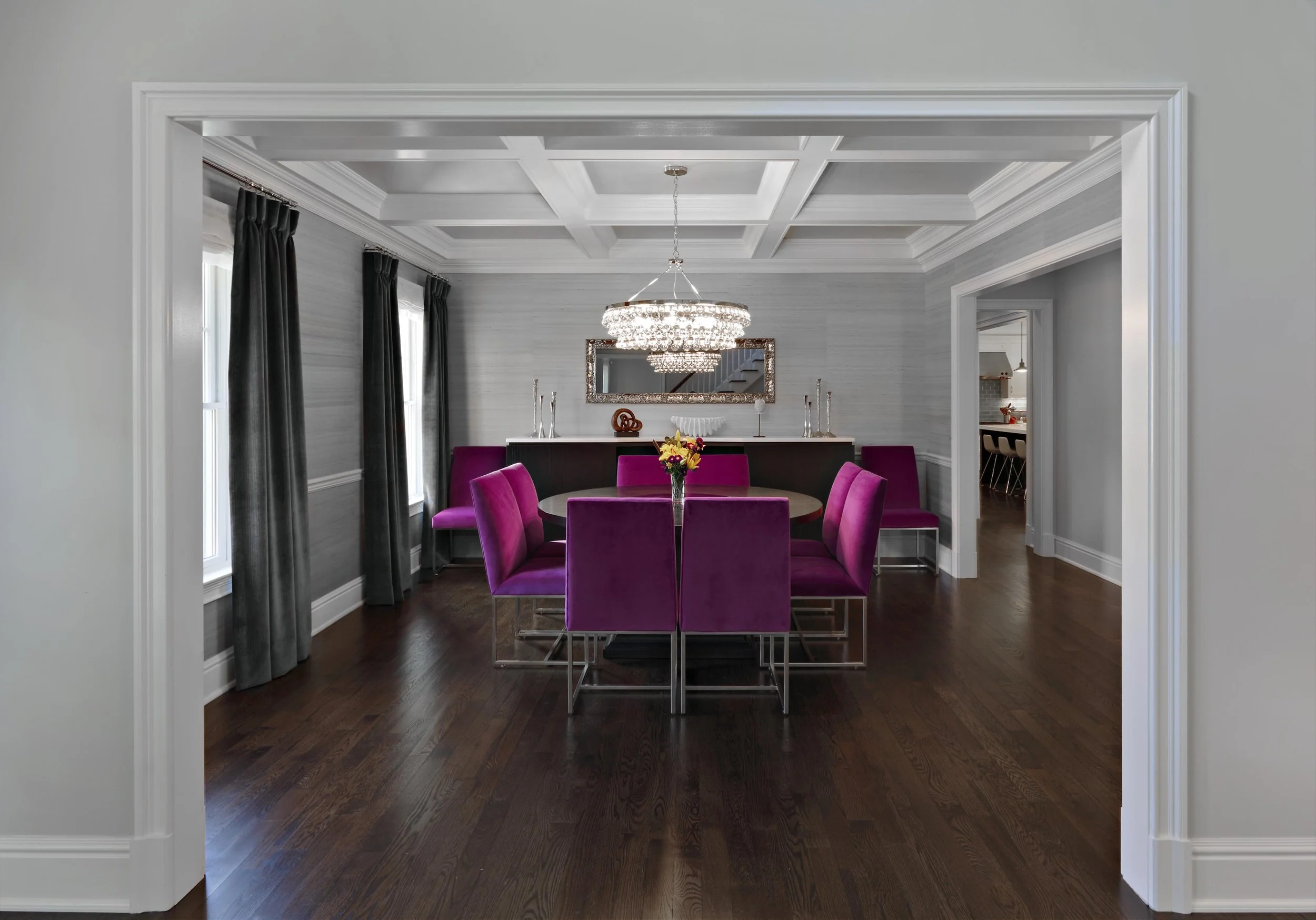 Wide view of Parkfield House in Scarsdale NY formal dining room.