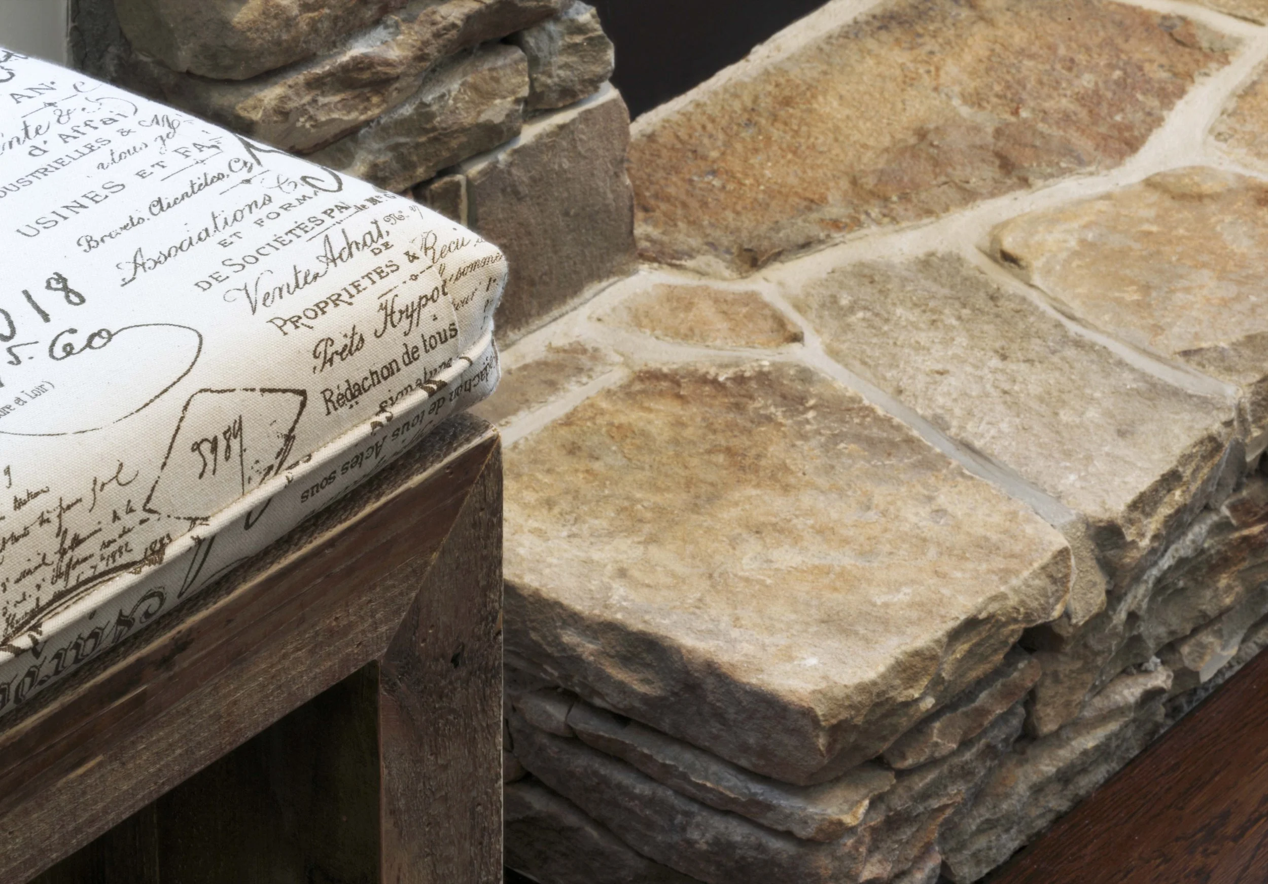 Bench and hearth detail in Parkfield House family room in Scarsdale NY.