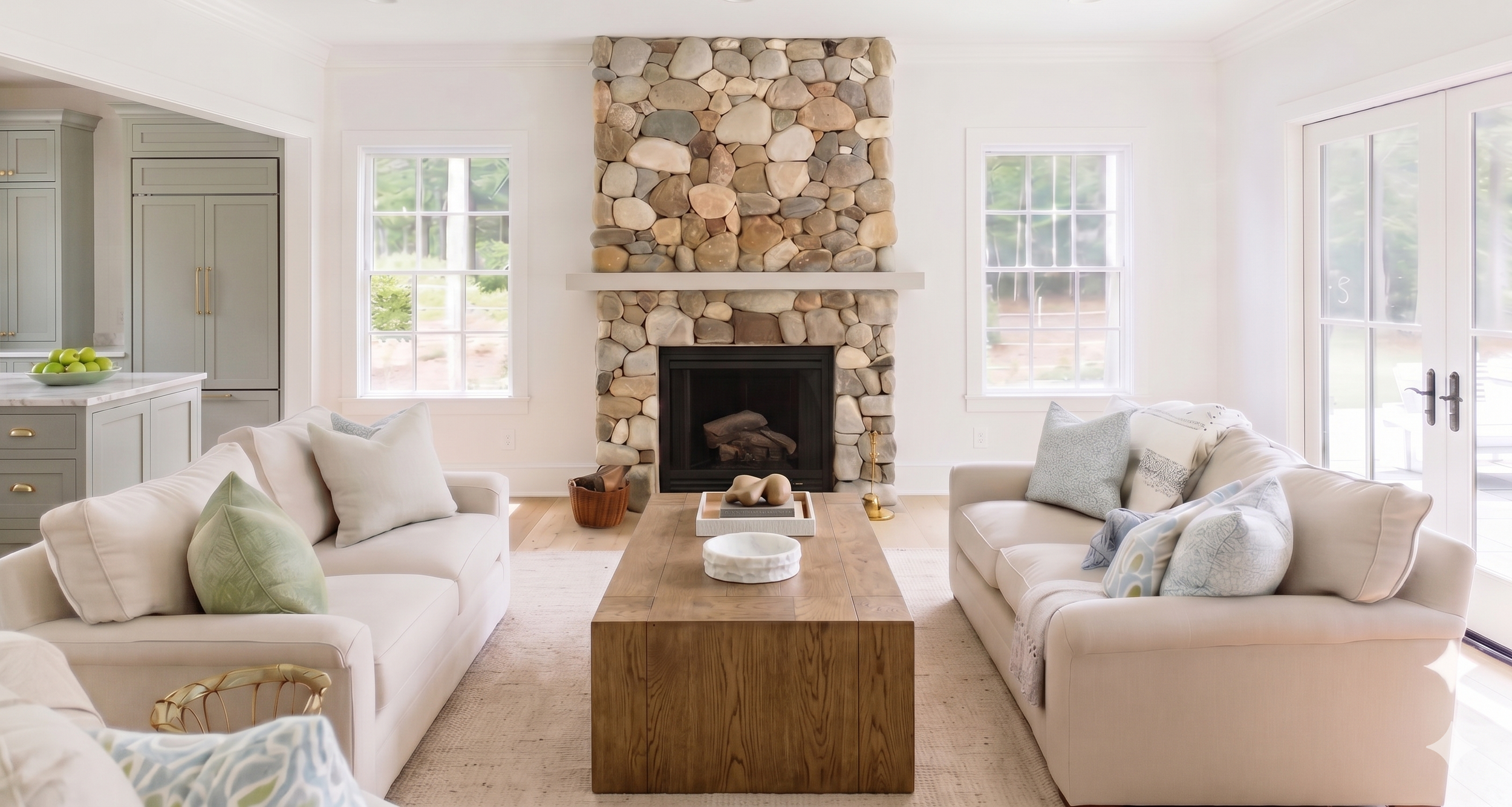 Salt Meadow — Family Room Concept A lighter, more connected family room direction with a new stone fireplace, soft upholstery, pale wood tones, and a more open relationship to the kitchen.