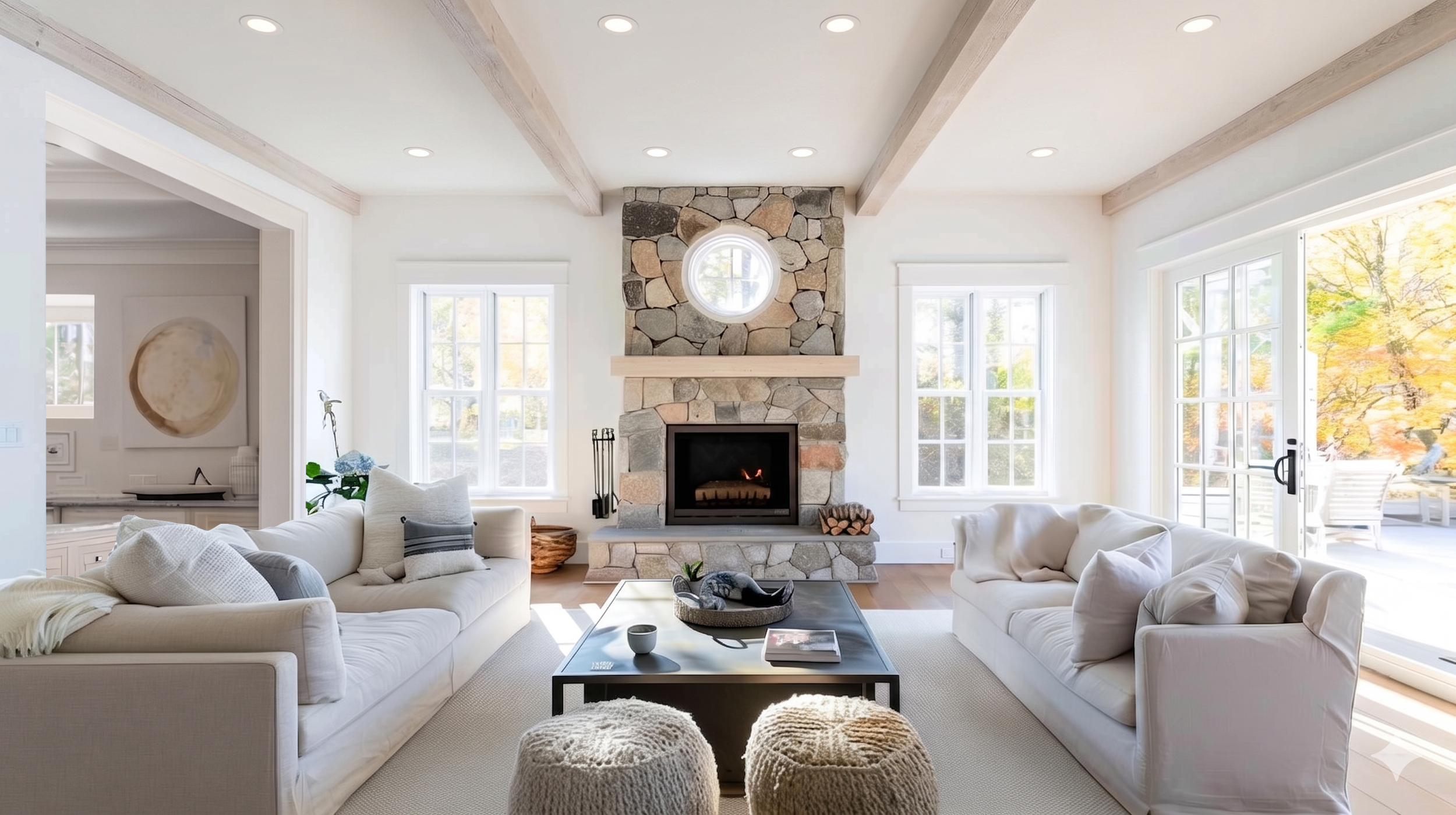 Quiet Harvest — Family Room Concept A warm, softly layered family room direction with pale upholstery, exposed ceiling beams, a stone fireplace, and a more open connection to the adjoining rooms.