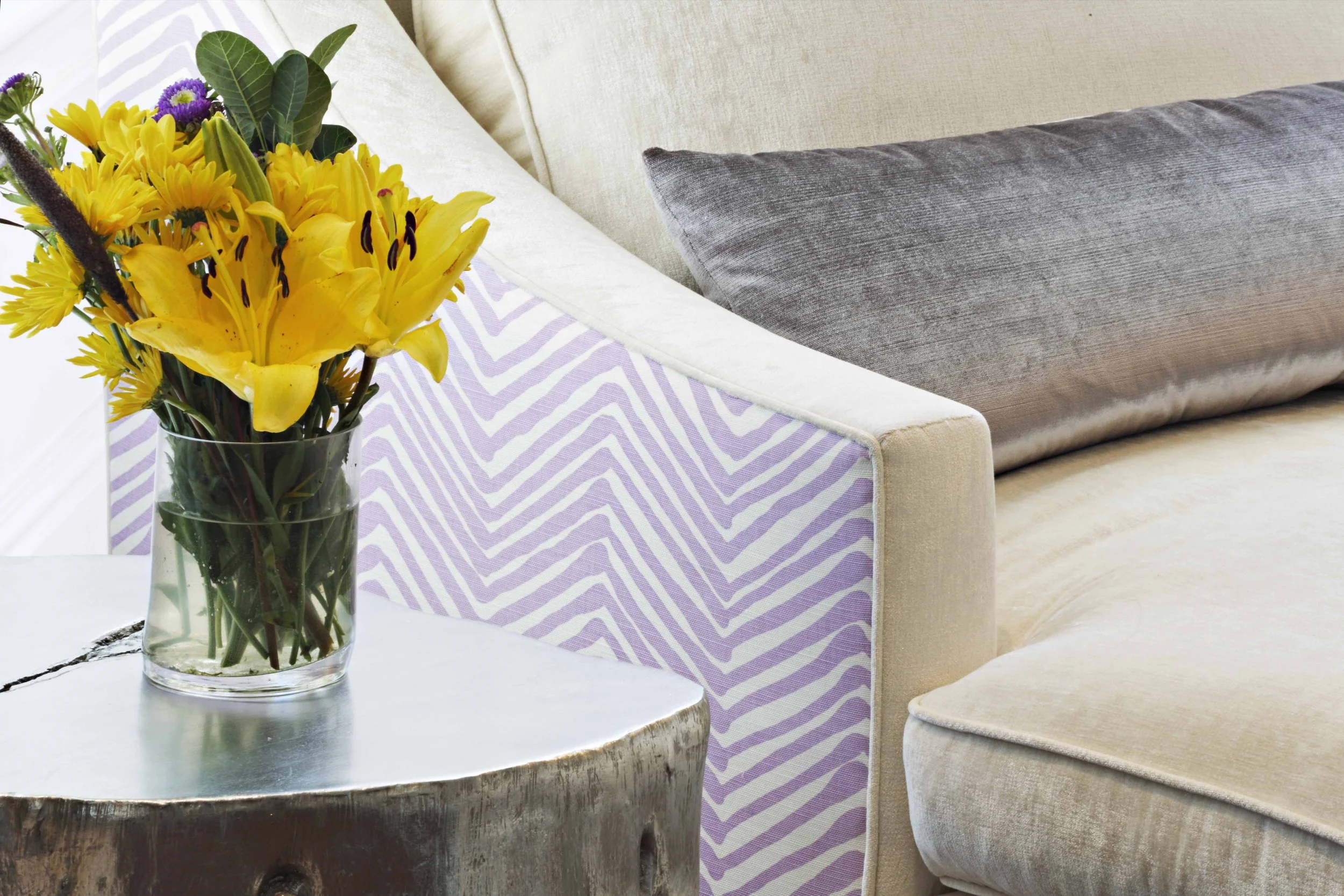 Chaise lounge and side table detail in Parkfield House in Scarsdale NY family room