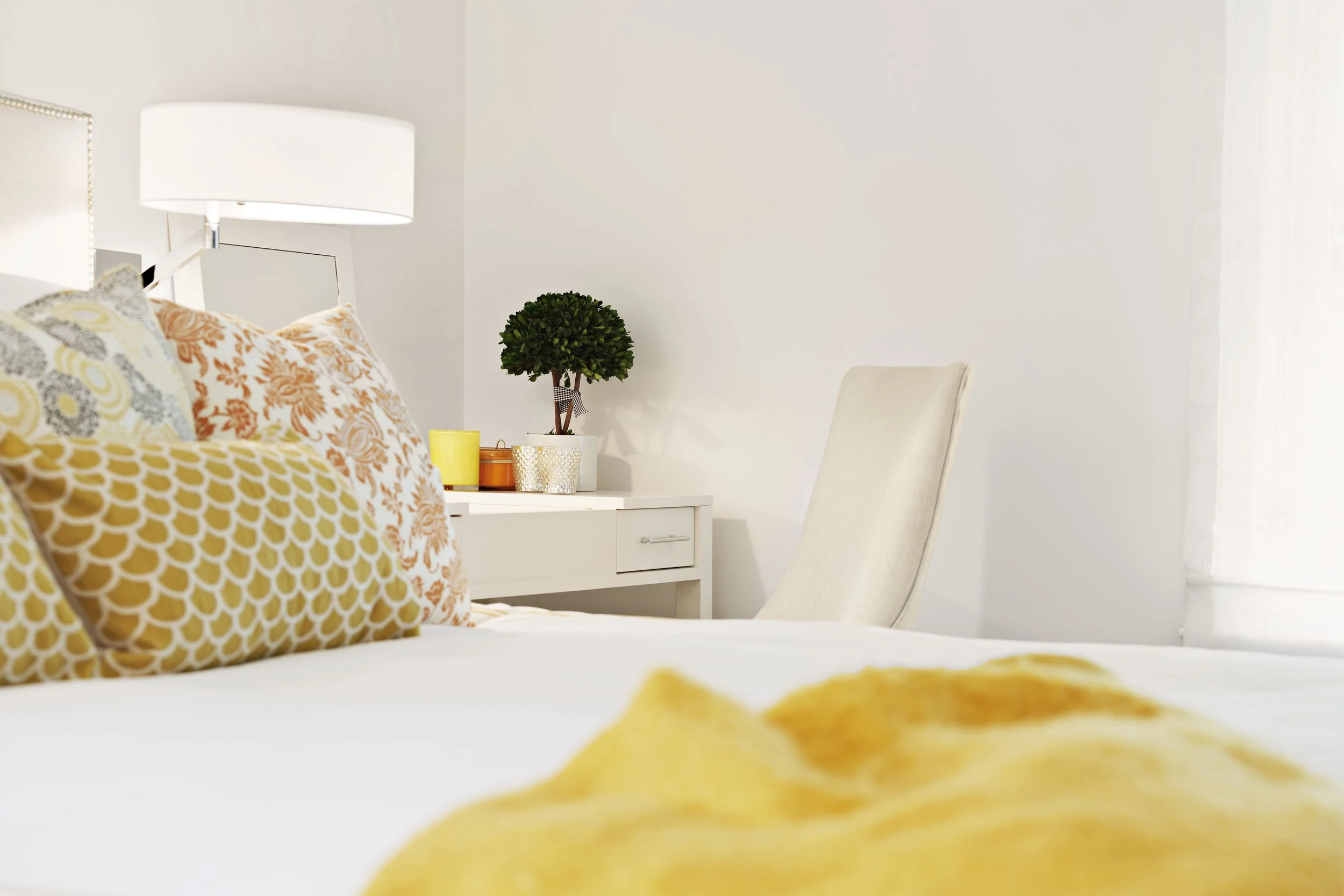 Guest bedroom bed and desk detail in Parkfield House in Scarsdale NY.