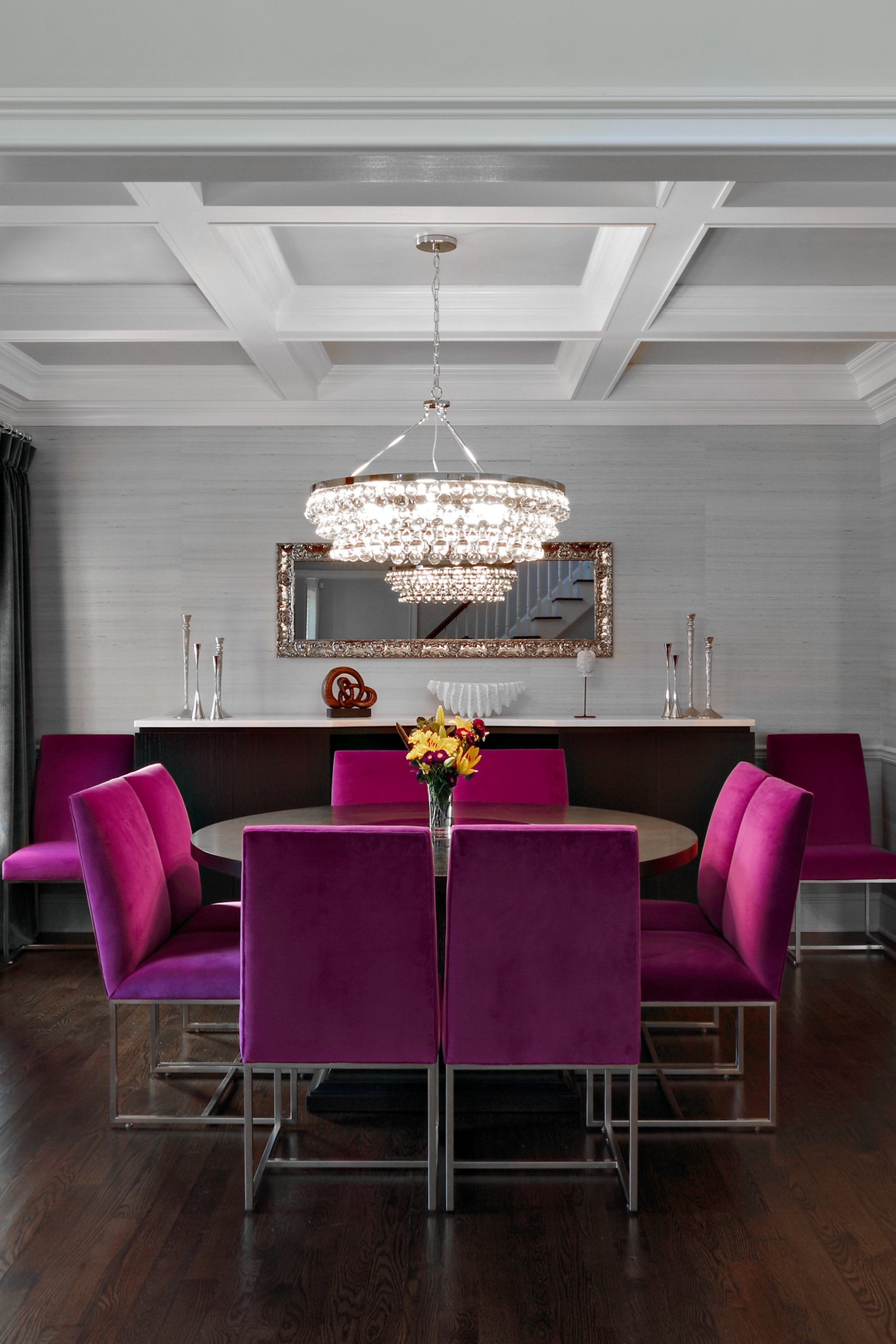 Detail of custom dining chair in Parkfield House in Scarsdale NY dining room.