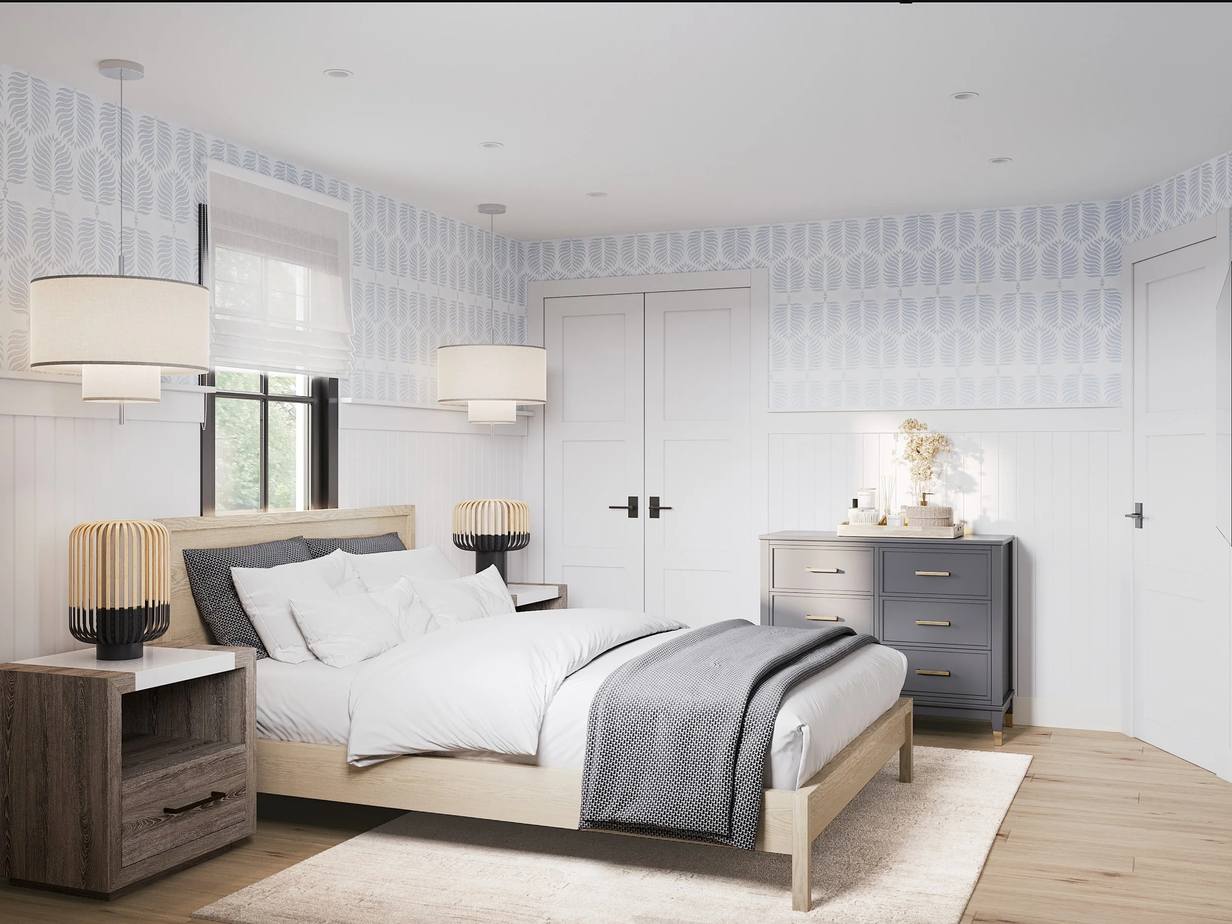 Wide view of guest bedroom with nightstand and dresser in Nanny Hagen House in Thornwood, NY.