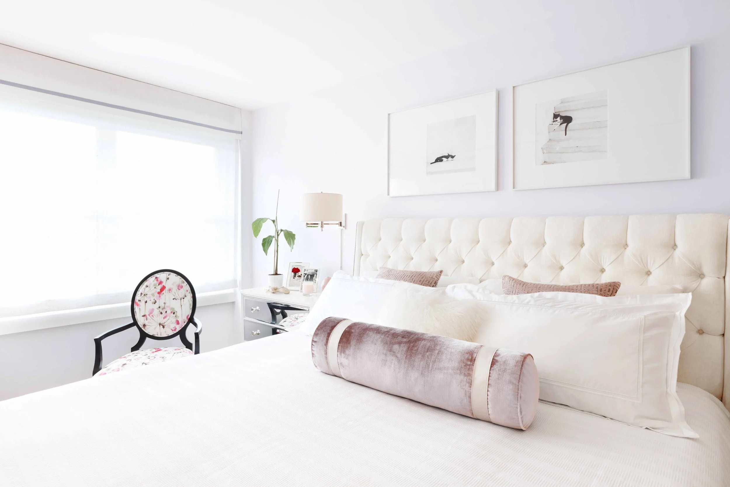 Primary bedroom highlighting tailored bedding and balanced symmetry in Doyer Apartment in White Plains, NY be Luminosus Designs.