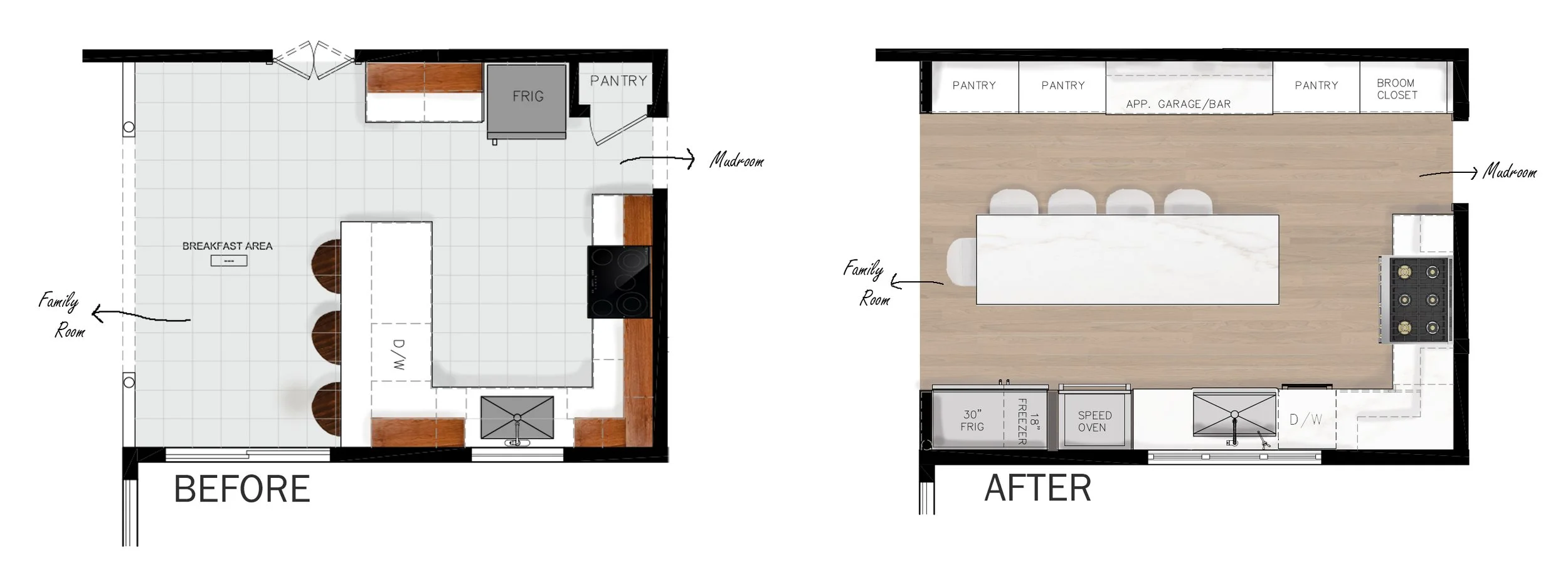 Barnes Residence Kitchen Floor Plan Before and After Comparison