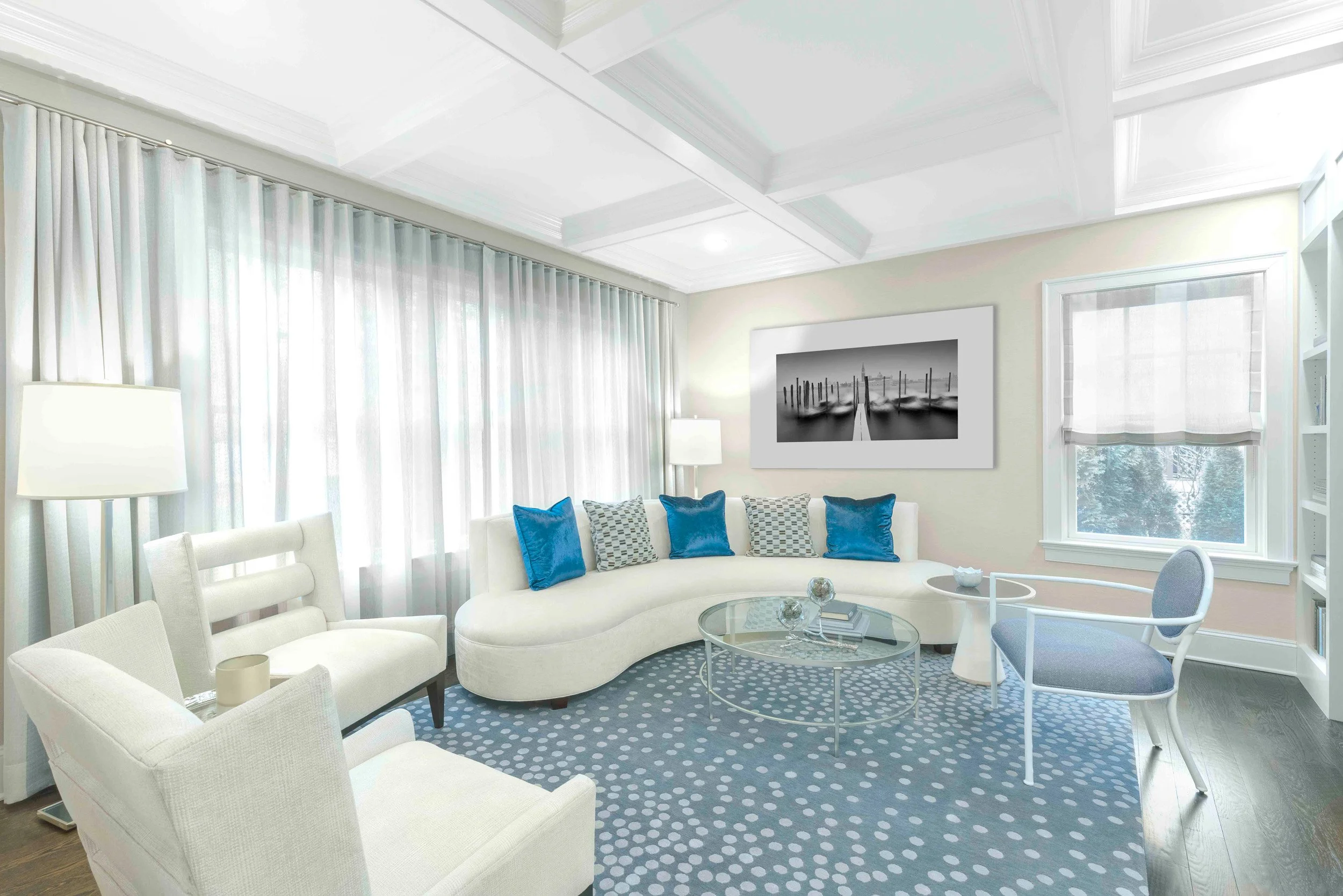 Alternate wide view of the Glen Oaks living room in Rye, NY, highlighting custom furnishings, and a refined design by Luminosus Designs.