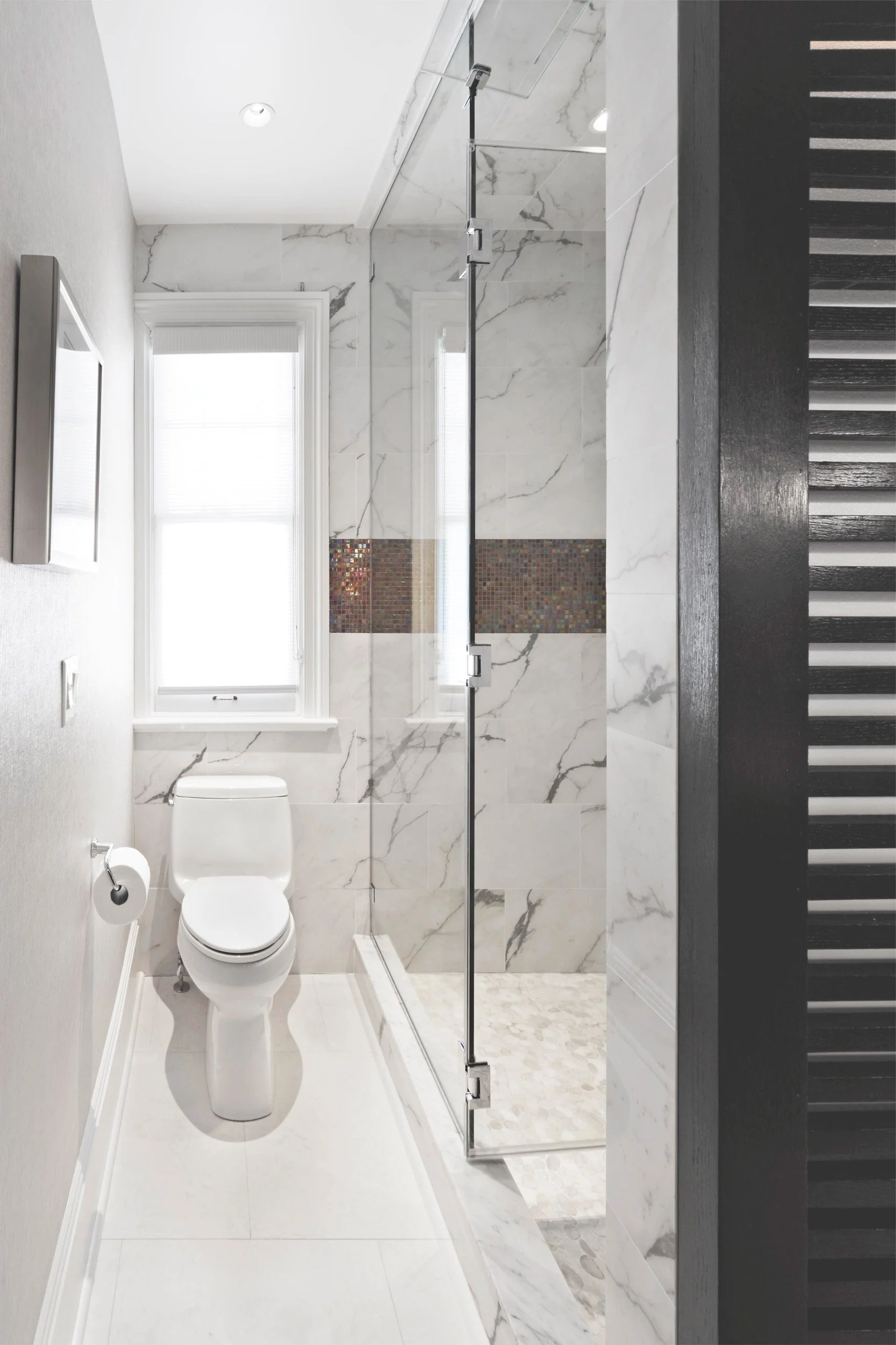 close-up view of the toilet and shower in a primary bathroom in Old Briarcliff, NY.
