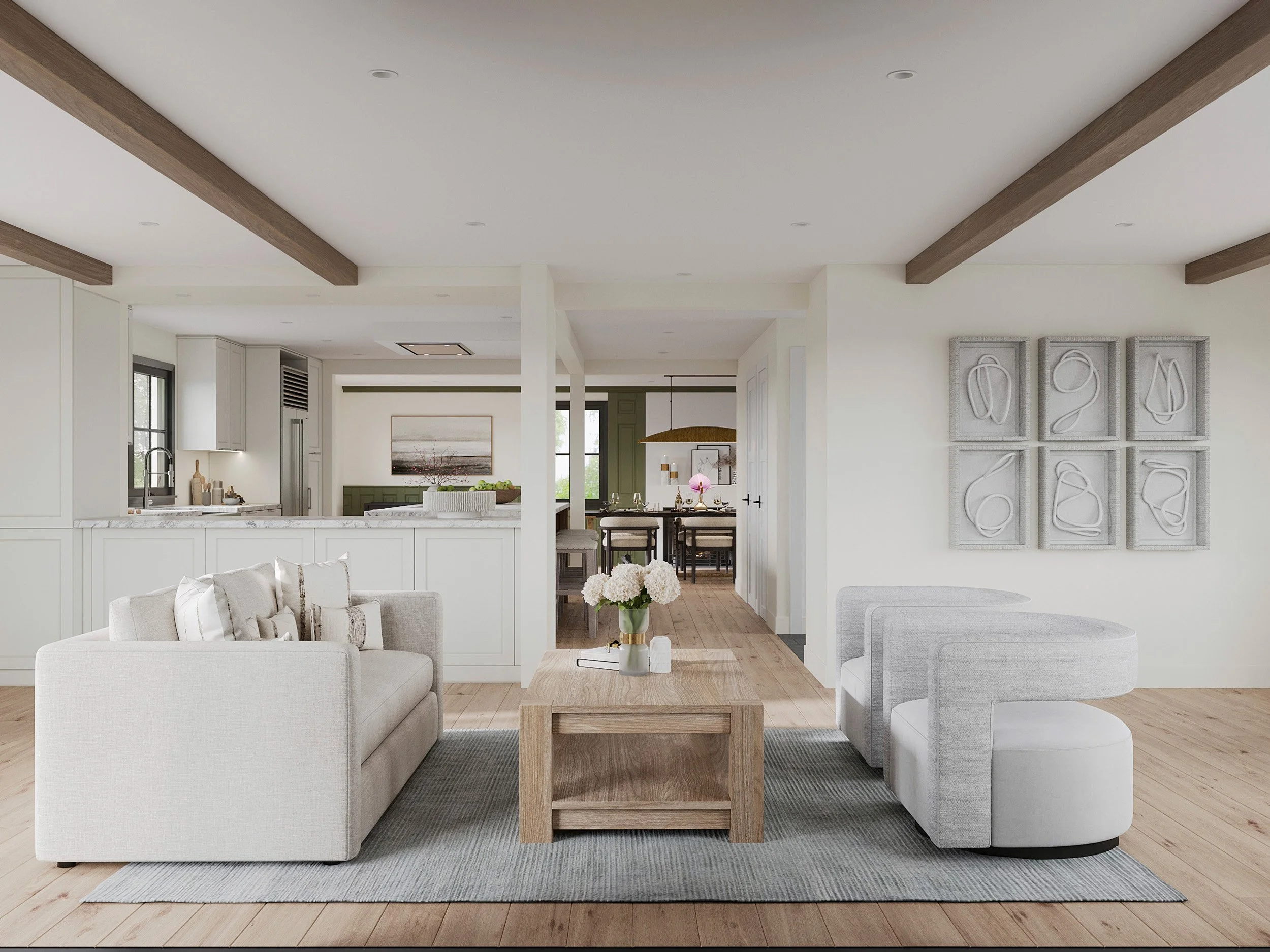 Upholstered seating group with a neutral palette in family room with a view towards kitchen in  Nanny Hagen House in Thornwood, NY.