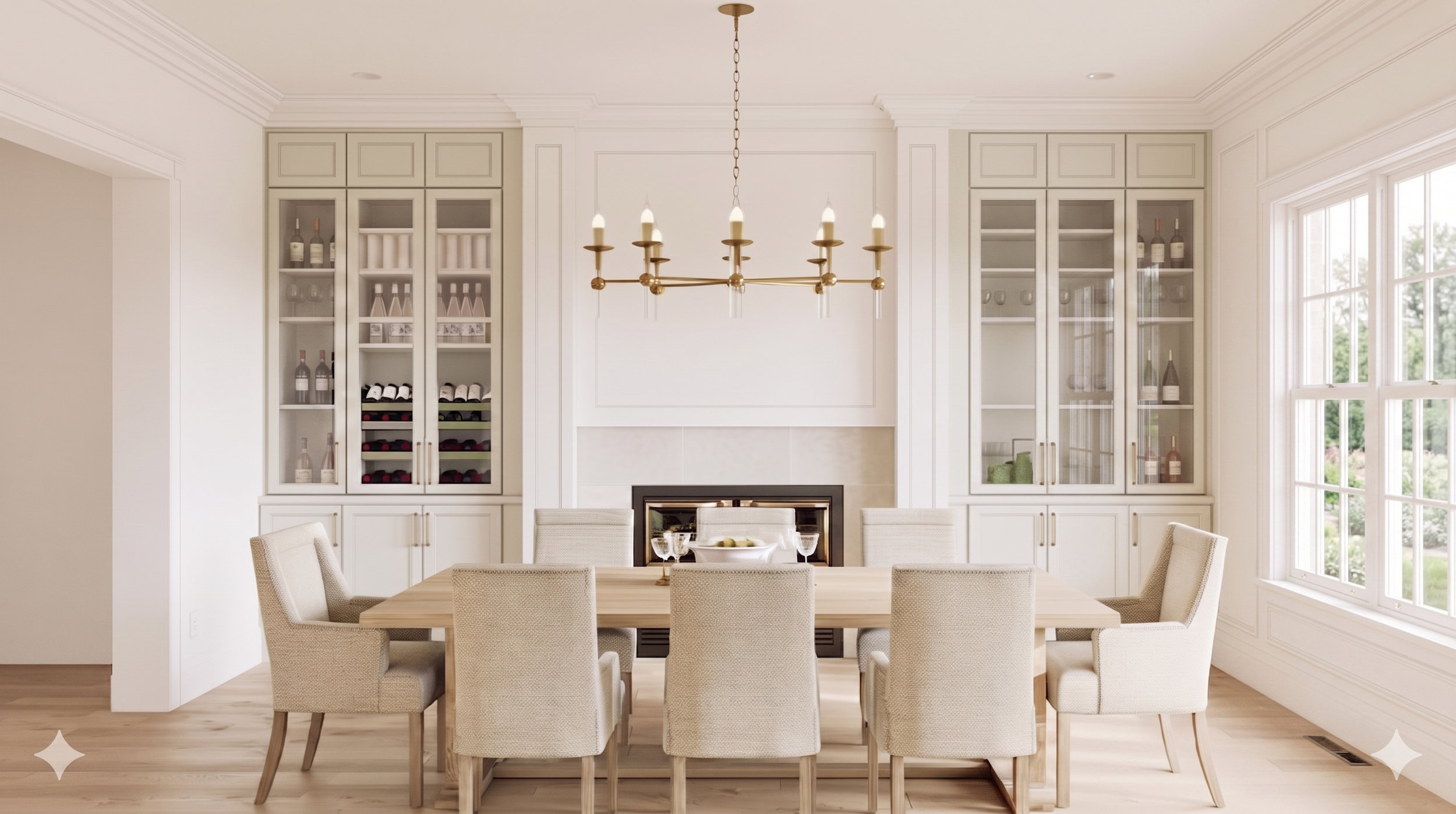 Quiet Harvest dining room concept for Vanderbilt House, showing a warm modern farmhouse interior with natural textures, creamy neutrals, and quietly refined details.