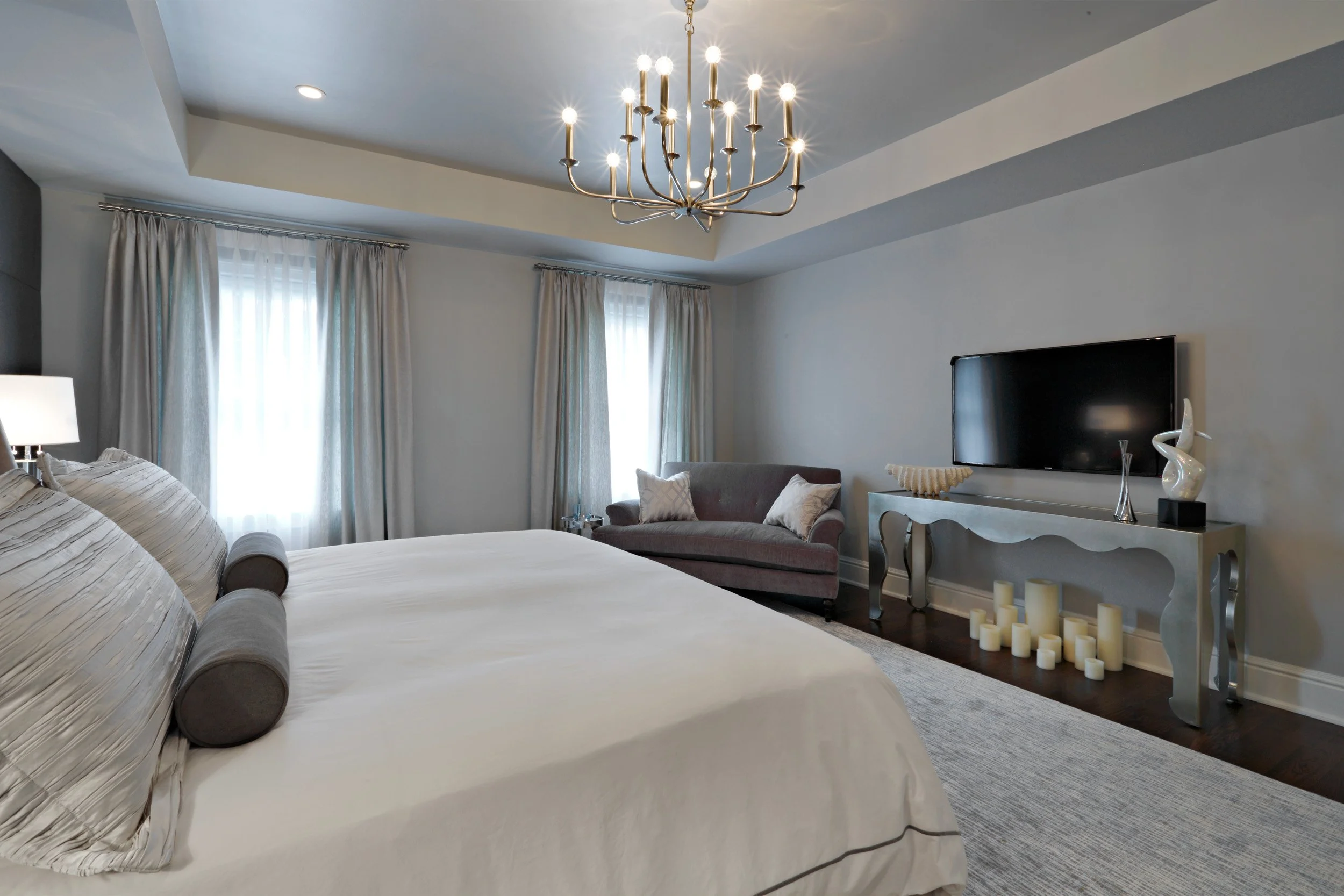 Wide view of primary bedroom sitting area in Parkfield House in Scarsdale NY.