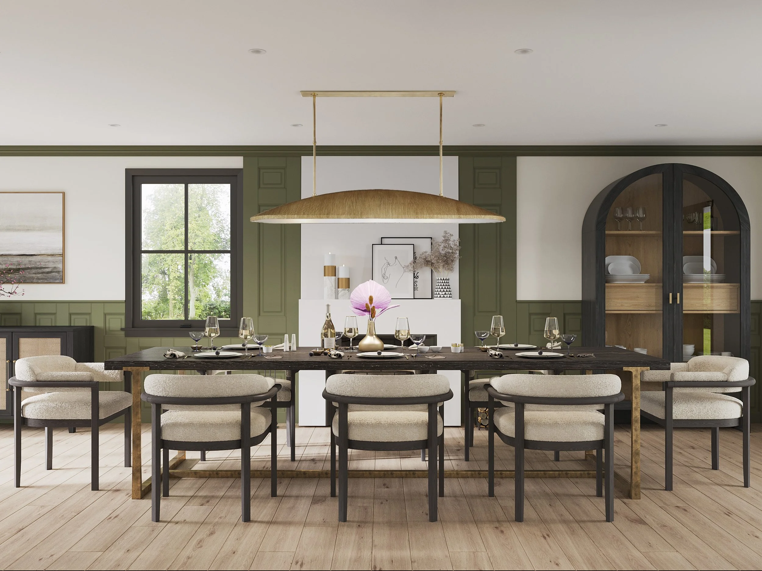 Dining room with fireplace, sideboard, and china cabinet in Nanny Hagen House in Thornwood, NY.