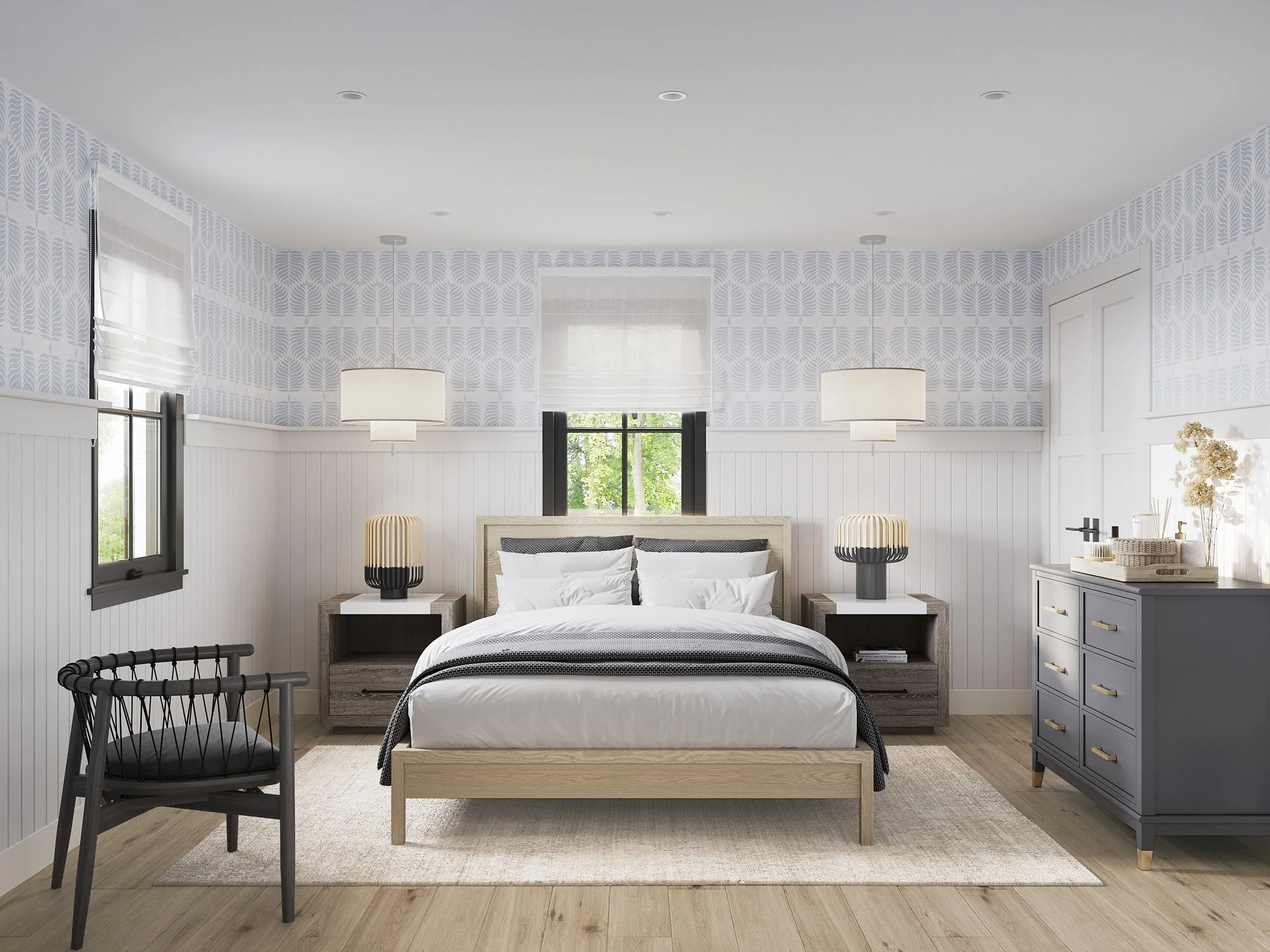 Serene guest bedroom featuring wainscott and wallpaper with light wood furniture and warm cozy rug in Nanny Hagen House in Thornwood, NY by Luminosus Designs.