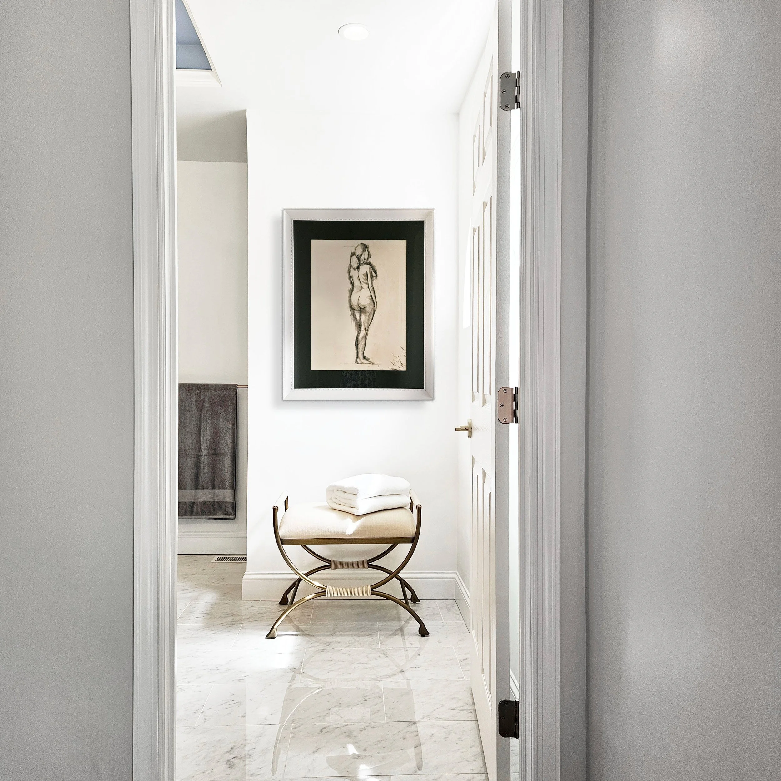 Primary bathroom entrance in Carlyle Court in Princeton, NJ.