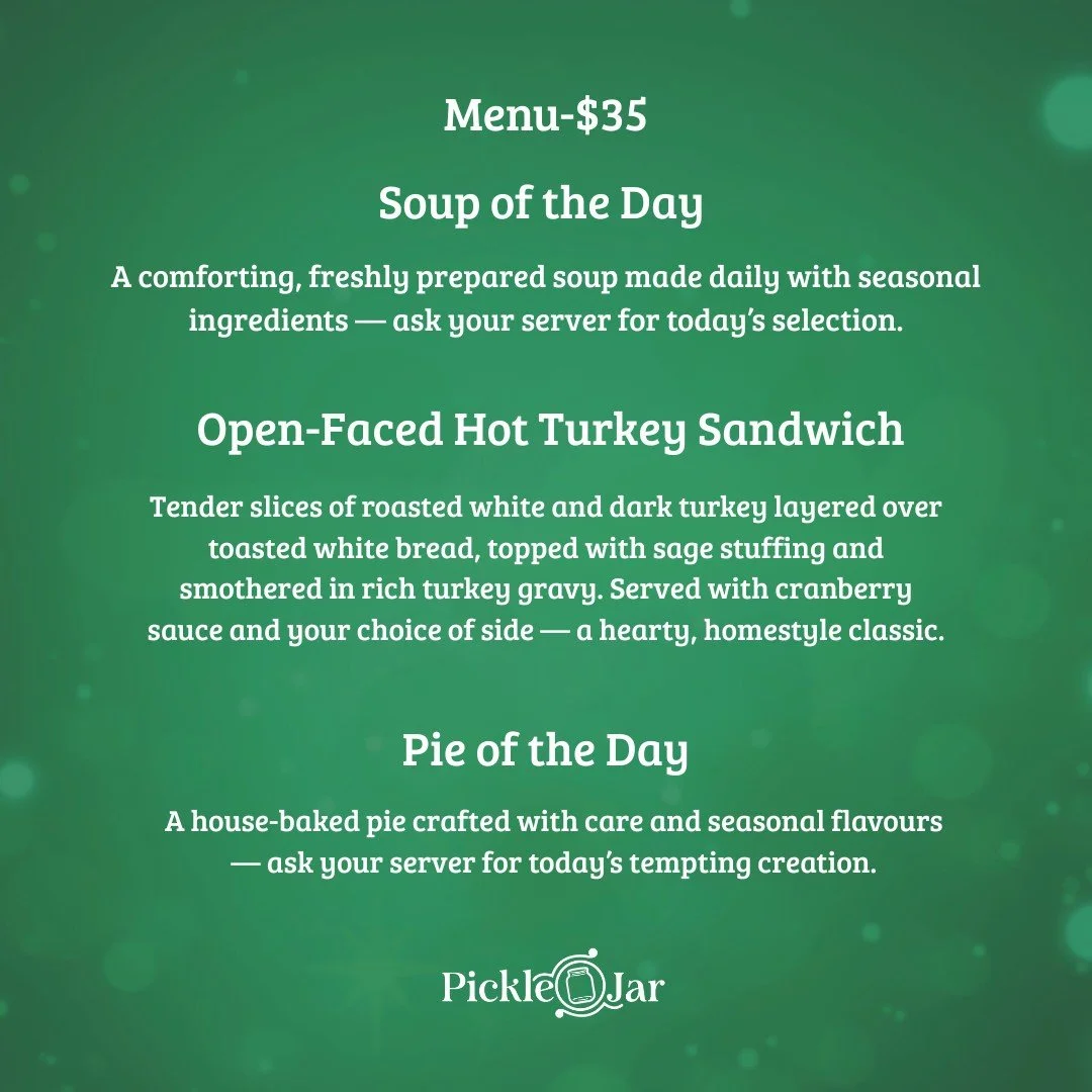 🎉🍲 Cozy up with our Festive Forks! For just $35, enjoy our Soup of the Day, a classic Hot Turkey Sandwich, and our delicious Pie of the Day! 🥧✨ 

For every Festive Forks meal sold, Downtown Fredericton will donate $2 to the Fredericton Community K
