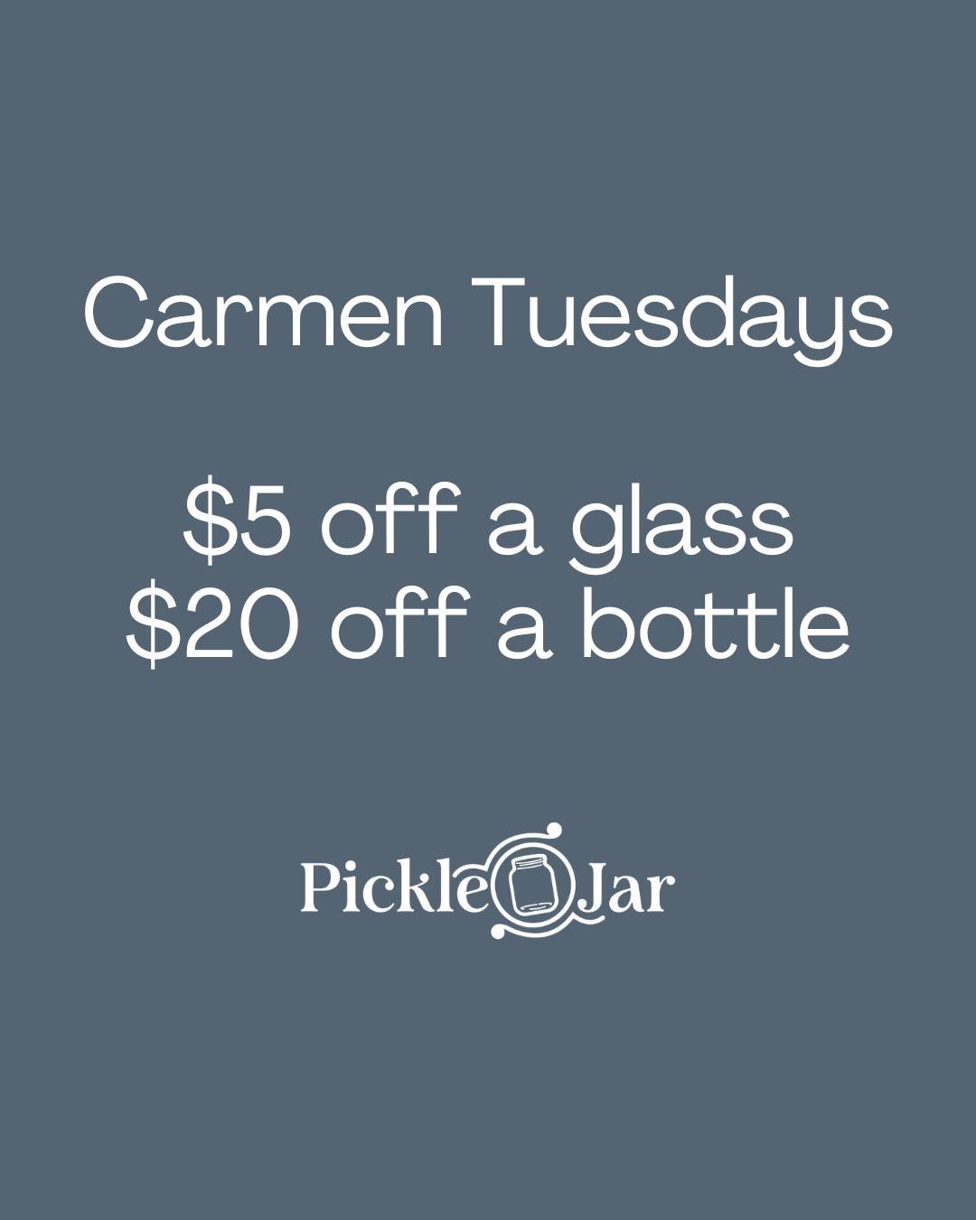 🍷✨ Join us for dinner and enjoy select Carmen wines with $5 off a glass or $20 off a bottle when you order an entr&eacute;e.

Don&rsquo;t miss out on this perfect pairing! 
👉 Reserve your table now at picklejarfredericton.com.