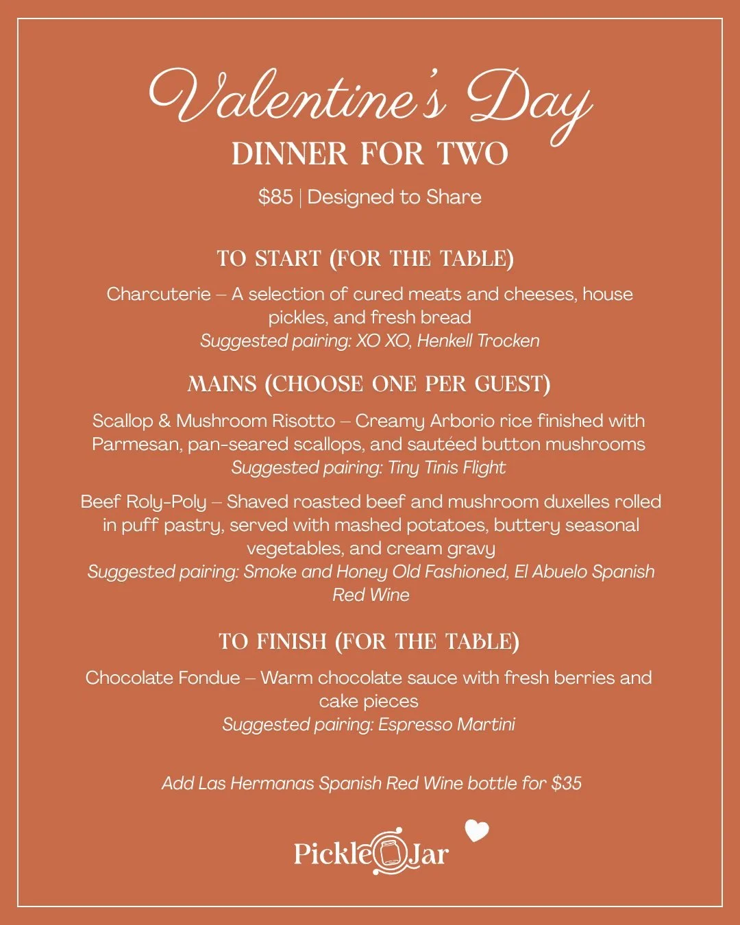 🌹❤️ This Valentine&rsquo;s Day, join us for a Dinner for Two, designed to share and enjoy together! 

✨ For $85, indulge in a special three-course menu created just for the occasion, with suggested drink pairings from Southside Shake. 

🍹 Make the 