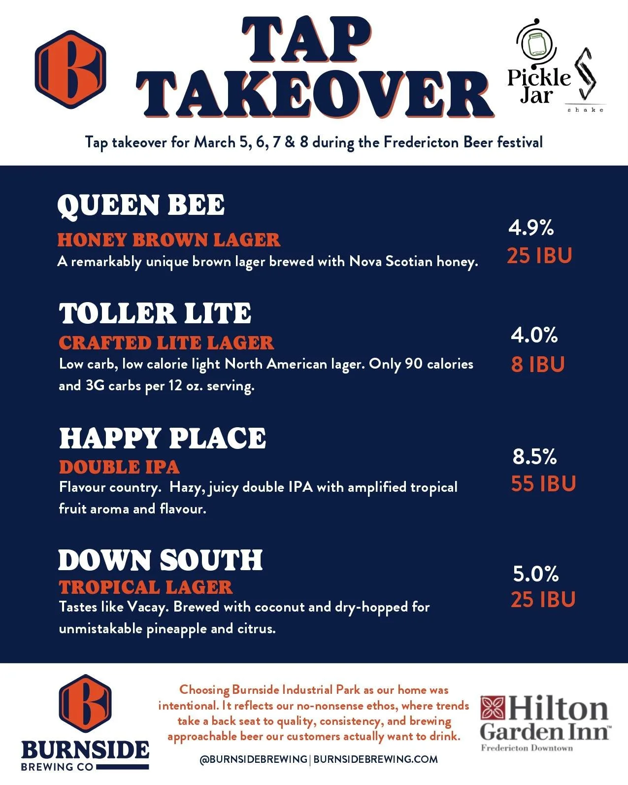 The Fredericton Beer Festival is almost here, and we're kicking it off right 🍺. We're teaming up with @burnsidebrewing for a Tap Takeover running March 5&ndash;8, and the lineup is kind of a big deal. 🔥 

No matter your taste, there&rsquo;s a Burns