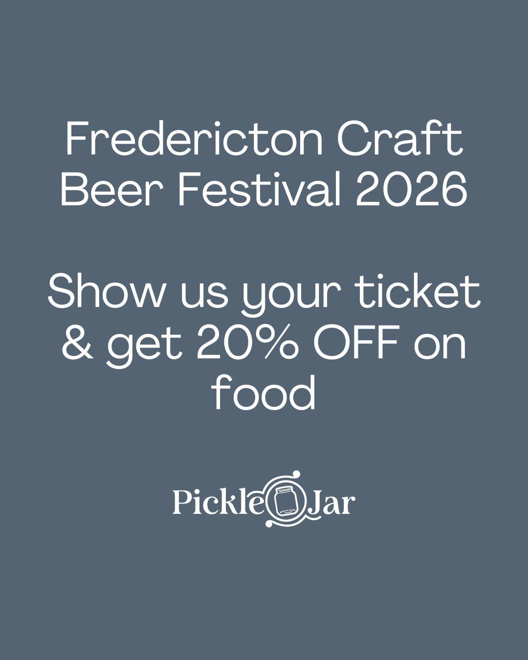 Heading to the Fredericton Craft Beer Festival this weekend? 🍻 We've got you covered! Show us your ticket and enjoy 20% OFF on food. 🥒

The festival runs March 6 &amp; 7 at the Fredericton Convention Centre, and since there's no food on site, we'd 