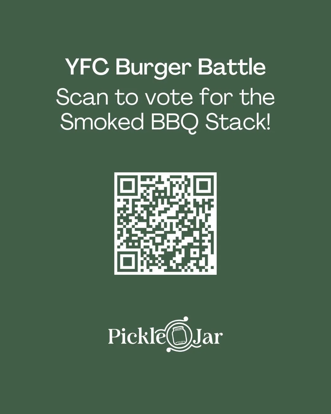 The YFC Burger Battle is ON, and our Smoked BBQ Stack is in the running, but we need your help! 🍔🔥 Scan the QR code or visit https://poll-maker.com/poll5725473x38A68778-167 to cast your vote before March 21! 🙌

#KINDOFABIGDILL #PickleJar #YFCBurge