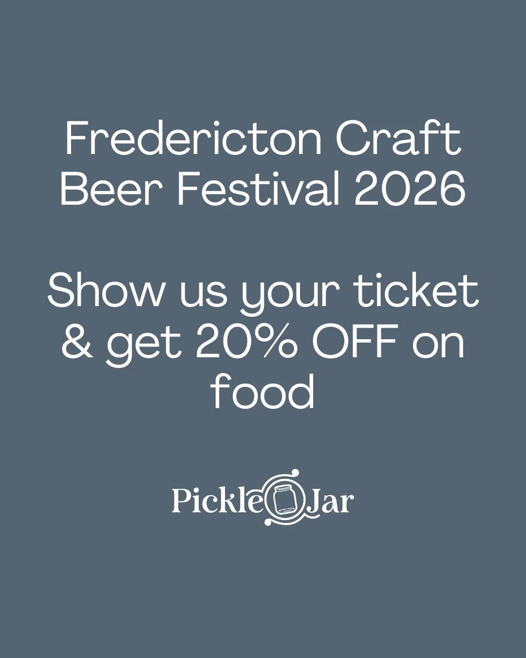 Heading to the Fredericton Craft Beer Festival this weekend? 🍻 We've got you covered! Show us your ticket and enjoy 20% OFF on food. 🥒

The festival runs March 6 &amp; 7 at the Fredericton Convention Centre, and since there's no food on site, we'd 