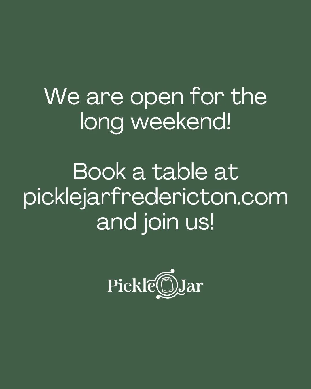 We're open today and all long weekend long! 🥒 Come enjoy breakfast, lunch, or dinner at Pickle Jar. Reservations aren't mandatory, but they&rsquo;re definitely encouraged! 👉 Head to picklejarfredericton.com or hit the link in our bio to book your t