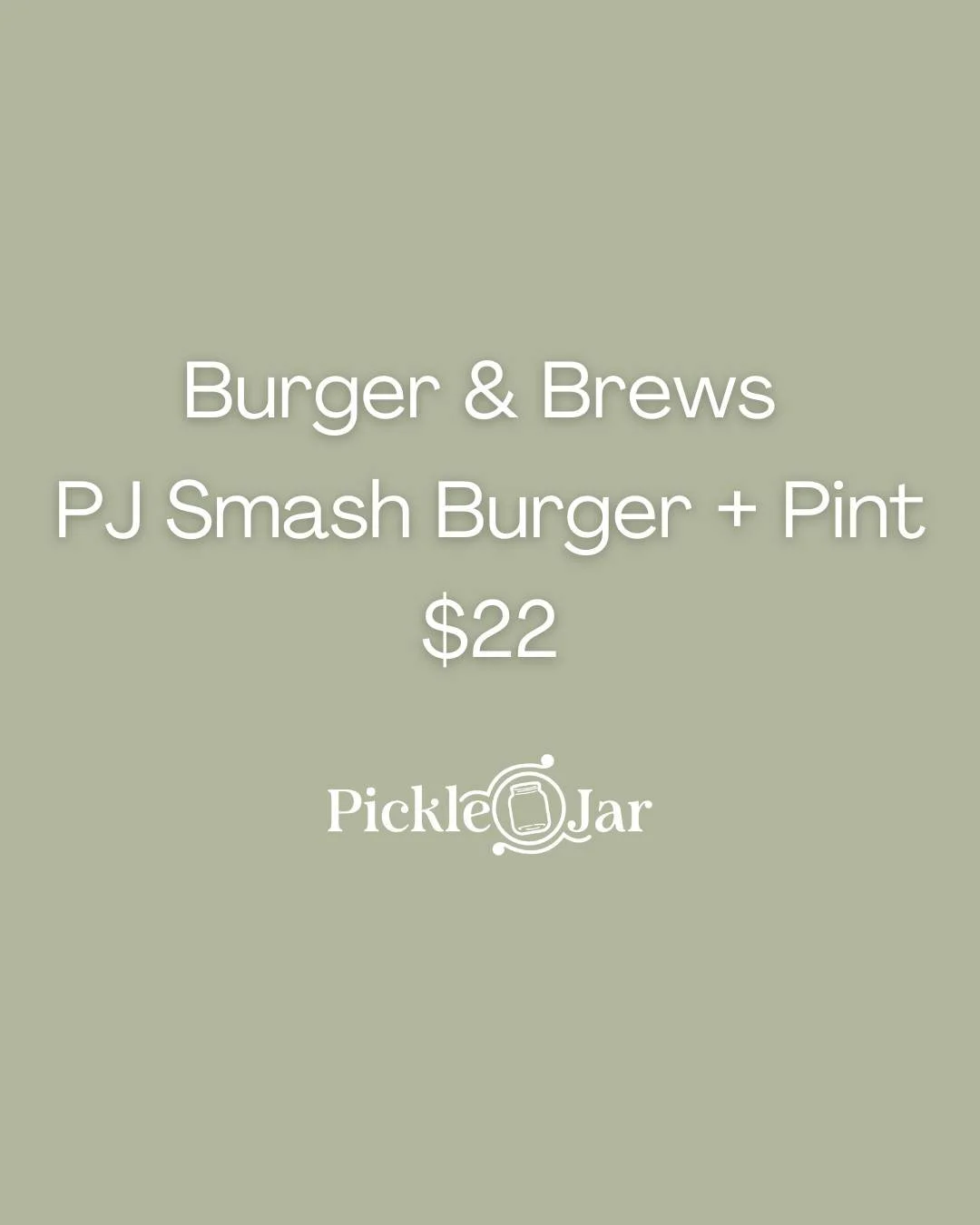 🍔🍻 Join us at Pickle Jar and enjoy our award-winning PJ Smash Burger with a pint for just $22 + tax.

👉 What's in it?
3oz Beef Patties Smashed into Grilled Onions &middot; Deep-Fried Pickles &middot; Processed Cheese &middot; Shredded Lettuce &mid