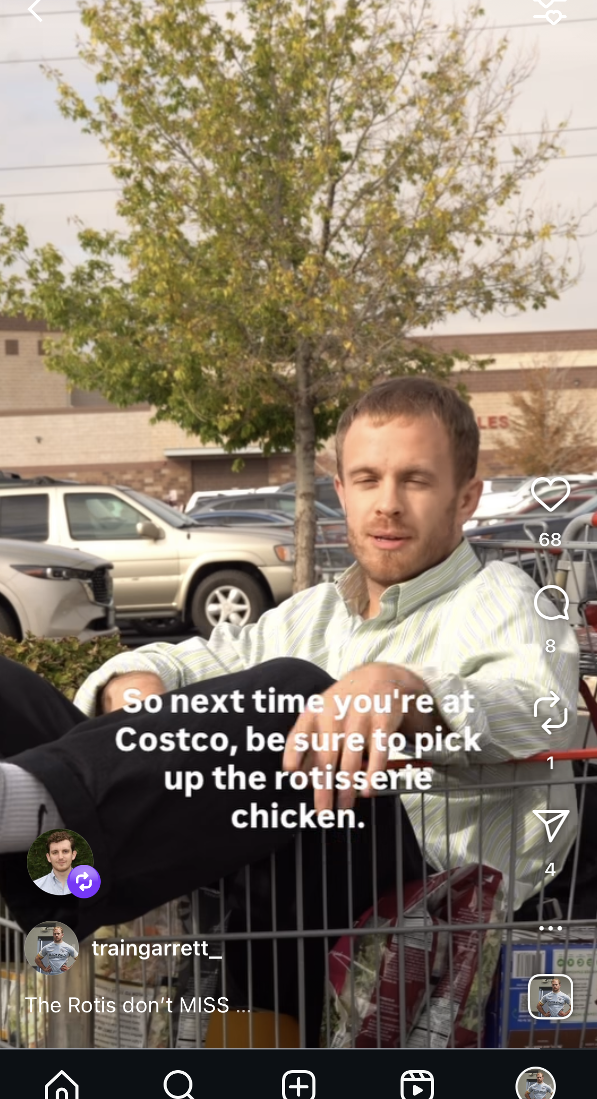 A man sitting in a shopping cart outside a Costco store, with cars and trees in the background. The image has text overlay suggesting to pick up rotisserie chicken at Costco.