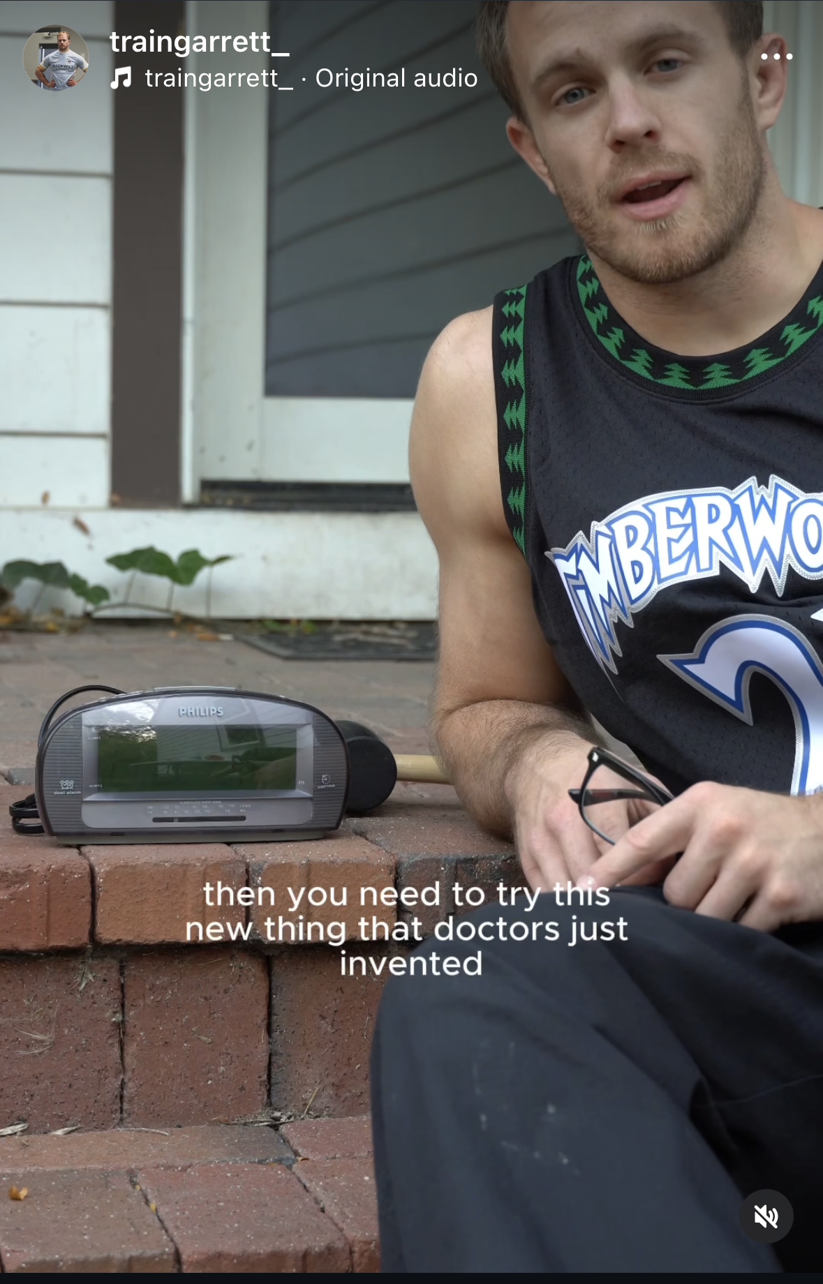 A man in a basketball jersey sitting on the porch steps, holding glasses, with a portable speaker nearby. The caption reads, 'then you need to try this new thing that doctors just invented'.