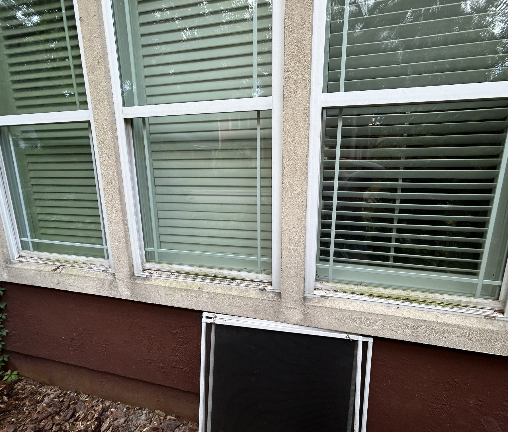 Exterior section of a house with three large windows with green blinds and white frames, a brown lower wall, and a black vent cover at the bottom.