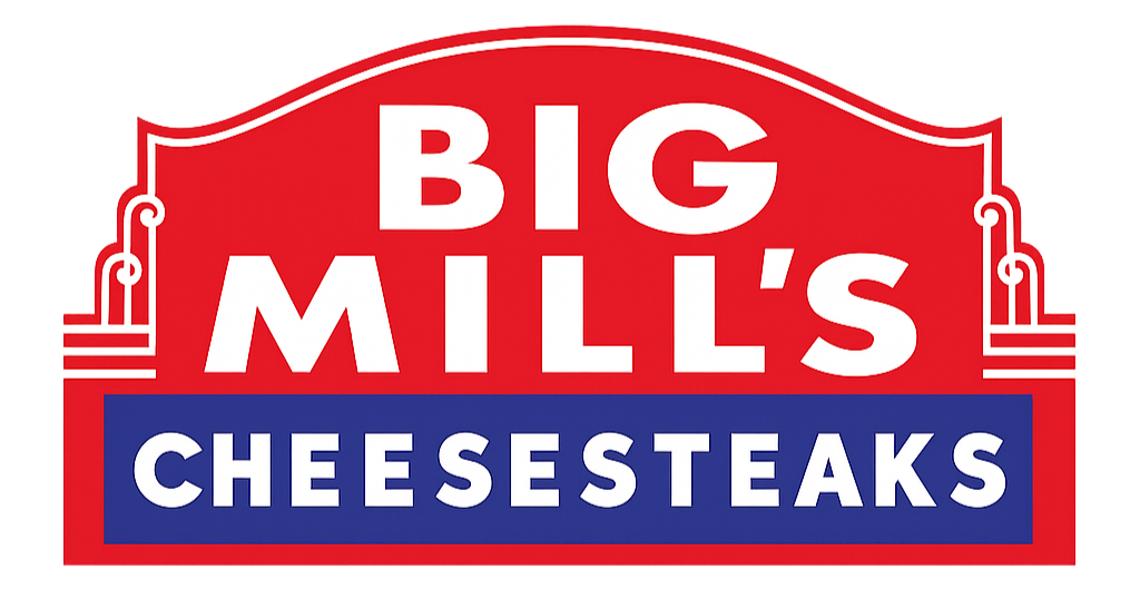 Red and blue logo for Big Mill's Cheesesteaks with stylized text.