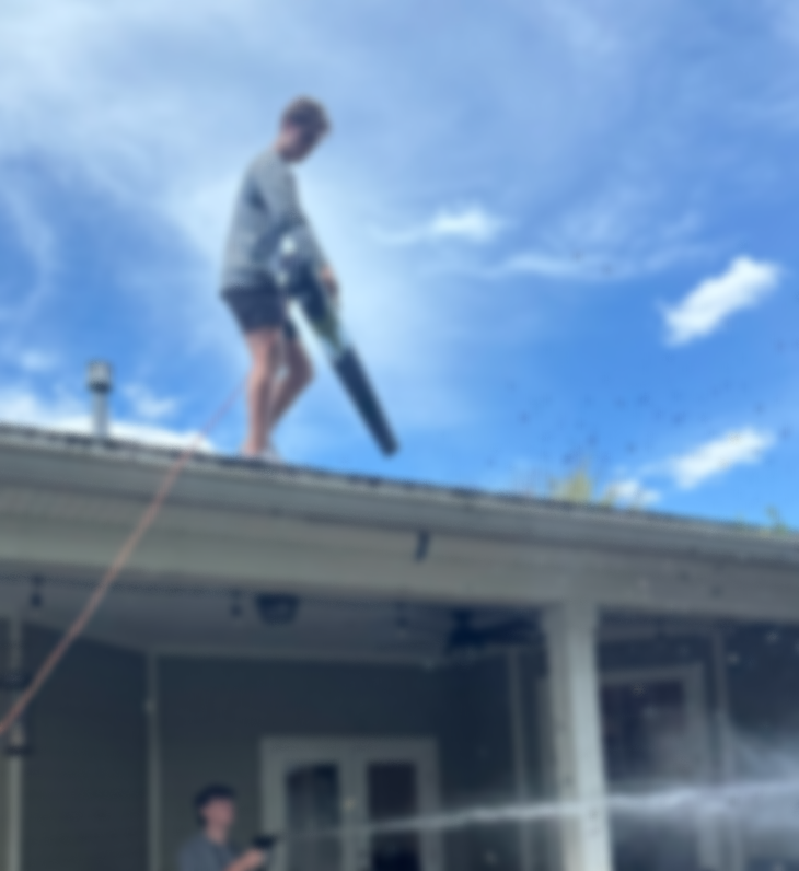 Person on roof using leaf blower, with another person below watering the lawn.