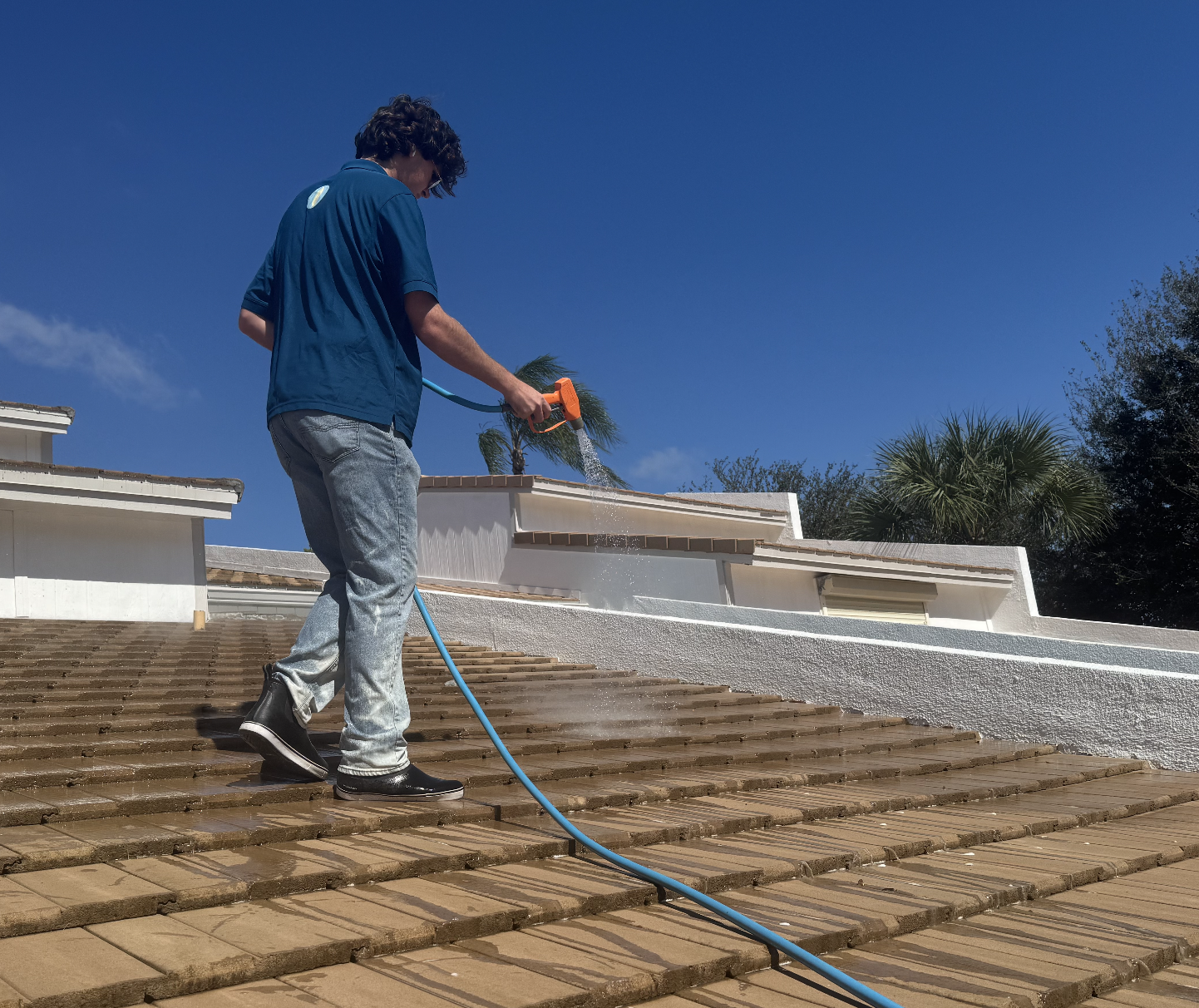 Man pressure washing a tiled roof under a clear blue sky with palm trees in the background.
