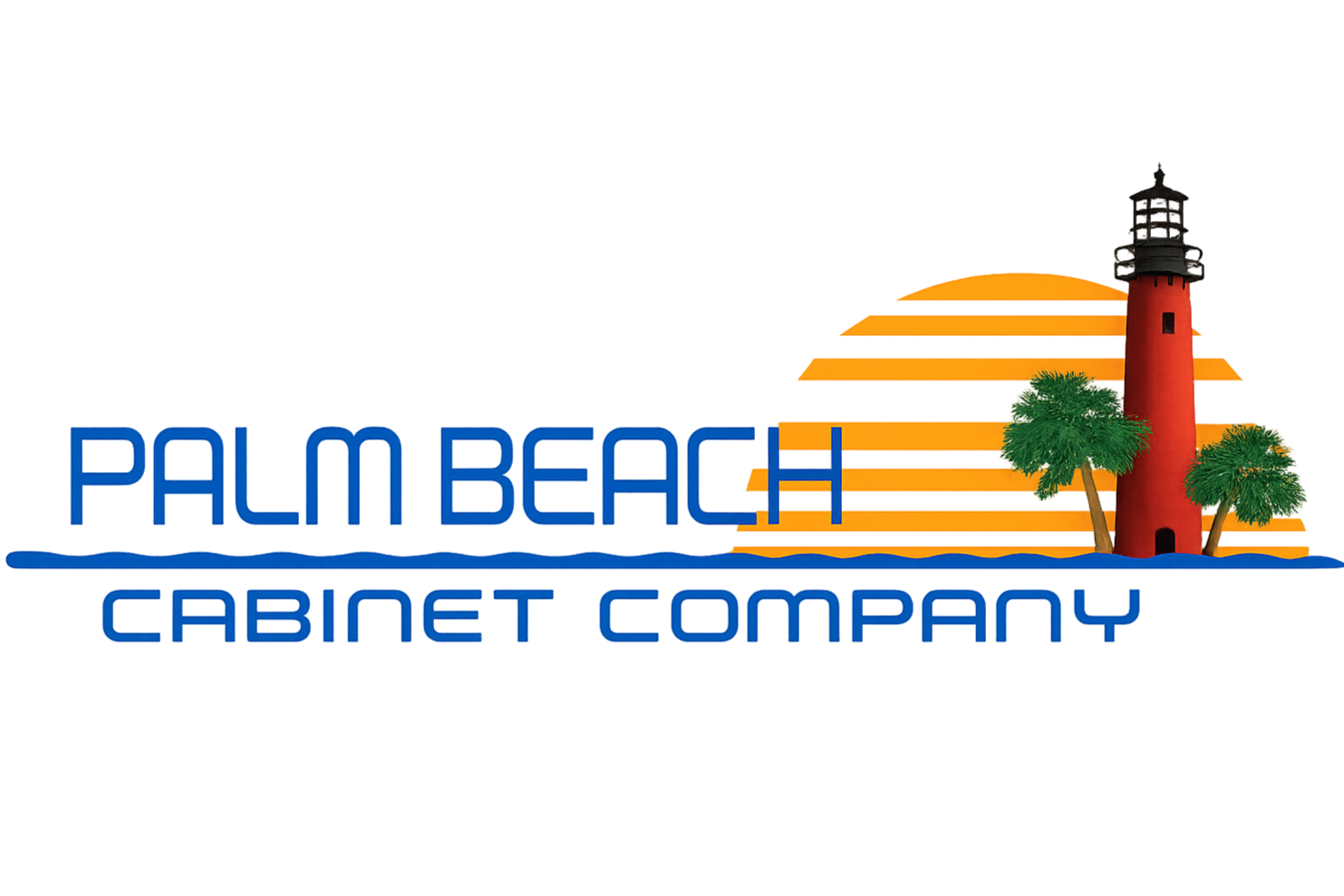 Palm Beach Cabana company logo featuring the words 'Palm Beach' in blue, a sunset, a lighthouse, and two palm trees.