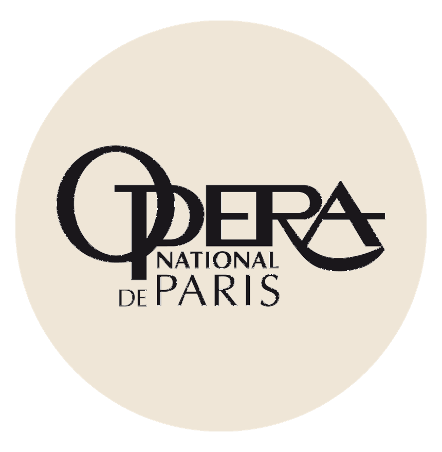 Logo of Opéra National de Paris in black text on a beige circular background.