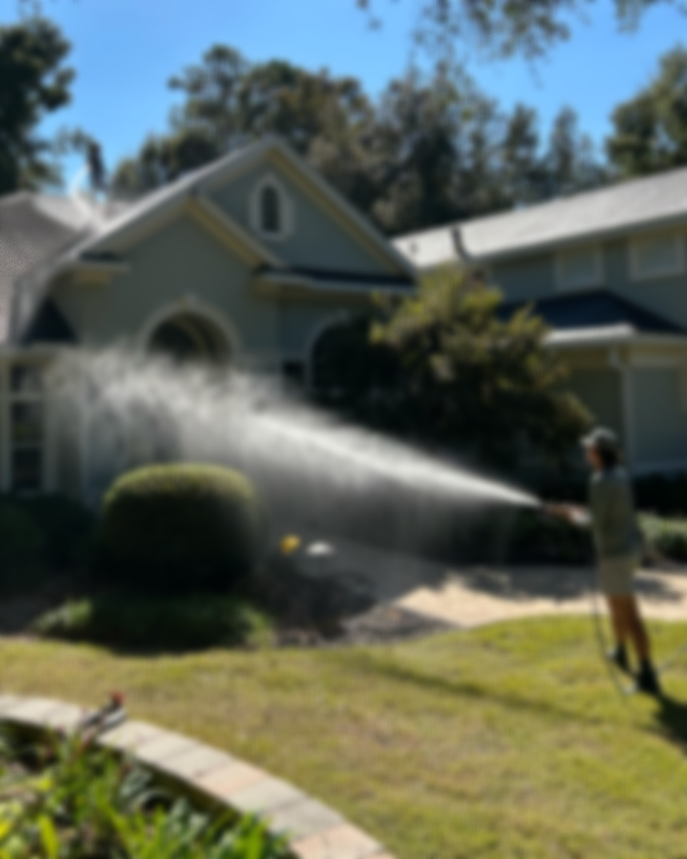 Person watering the lawn with a hose in front of a house on a sunny day.