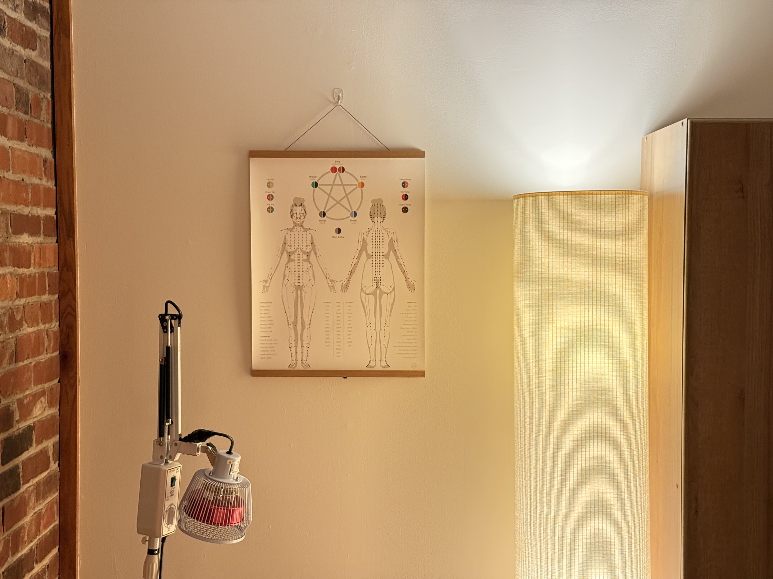 An educational wall chart illustrating human acupuncture points and the Five Element theory, hanging in a warm, lit corner of the Newton, KS treatment room next to historic red brick.