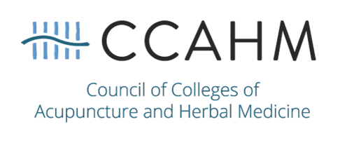 Logo of the Council of Colleges of Acupuncture and Herbal Medicine with a blue stylized acupuncture needle and black and blue text.