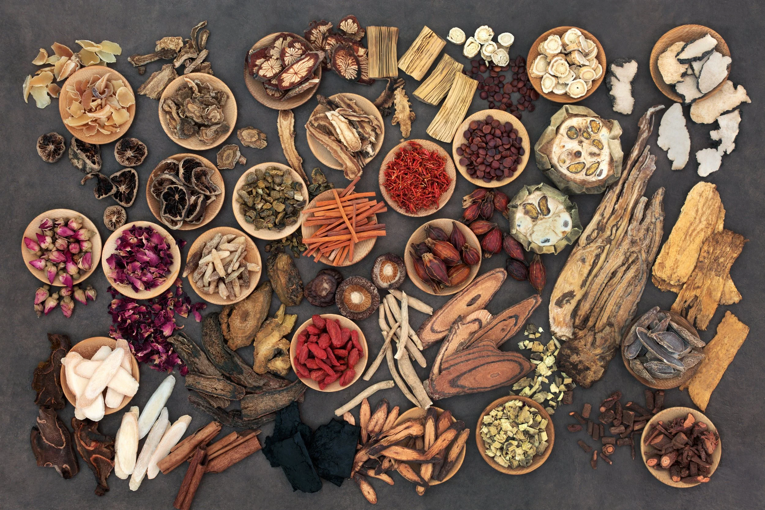 A wide overhead view of a diverse collection of traditional Chinese medicinal herbs, including dried roots, flowers, berries, and barks arranged in small wooden bowls on a dark slate surface.