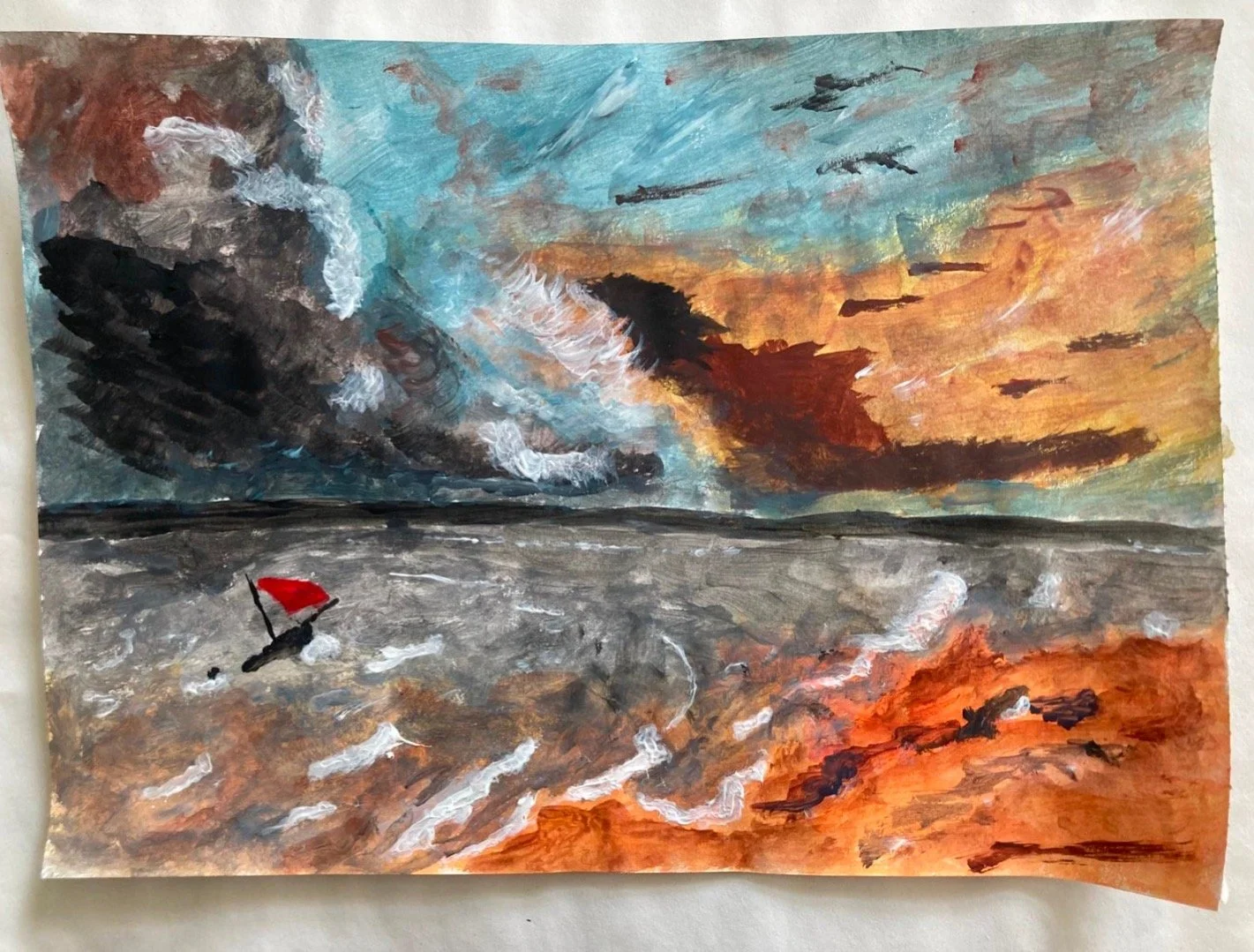 An abstract landscape painting depicting a dramatic ocean scene at sunset with a stormy sky. The sky features swirling clouds in dark gray, black, and vibrant orange hues. The ocean shows turbulent waves in shades of gray, white, and reddish-orange, 