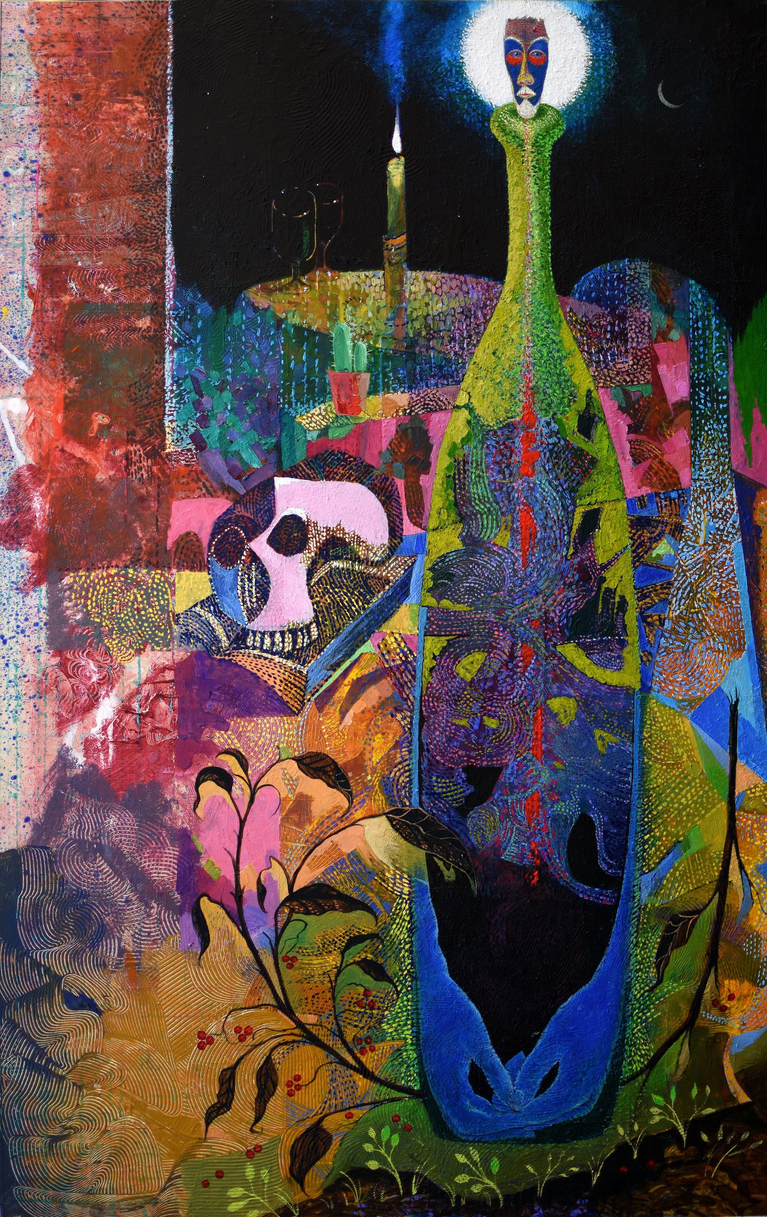 Colourful semi abstract painting featuring a skull, a large black animal silhouette, plant elements, a candle, and a face with a halo, set in a vivid, textured design. This is a humorous self portrait (of RB)