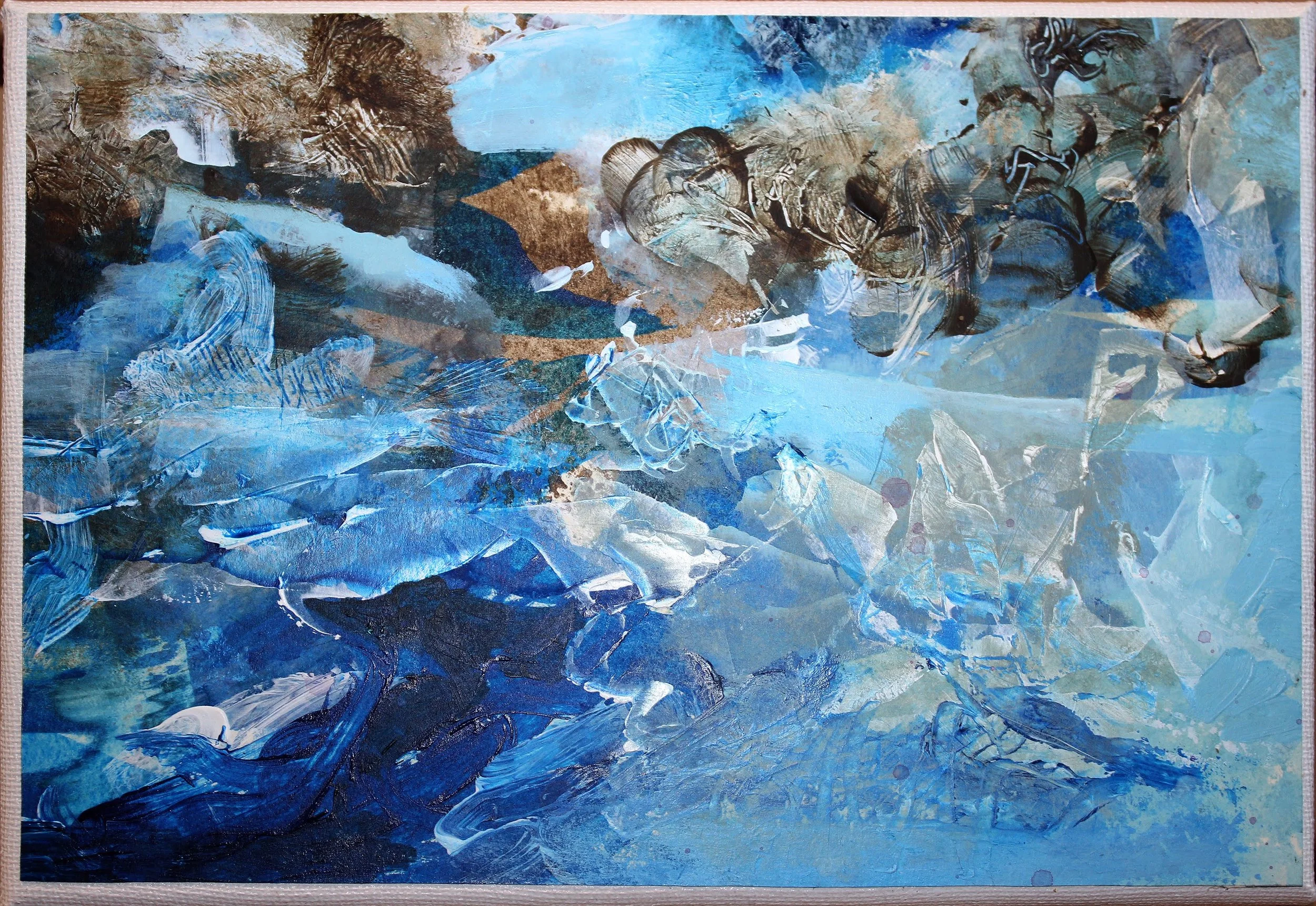 Abstract painting with shades of blue, brown, black, and white, featuring swirling and textured brushstrokes.