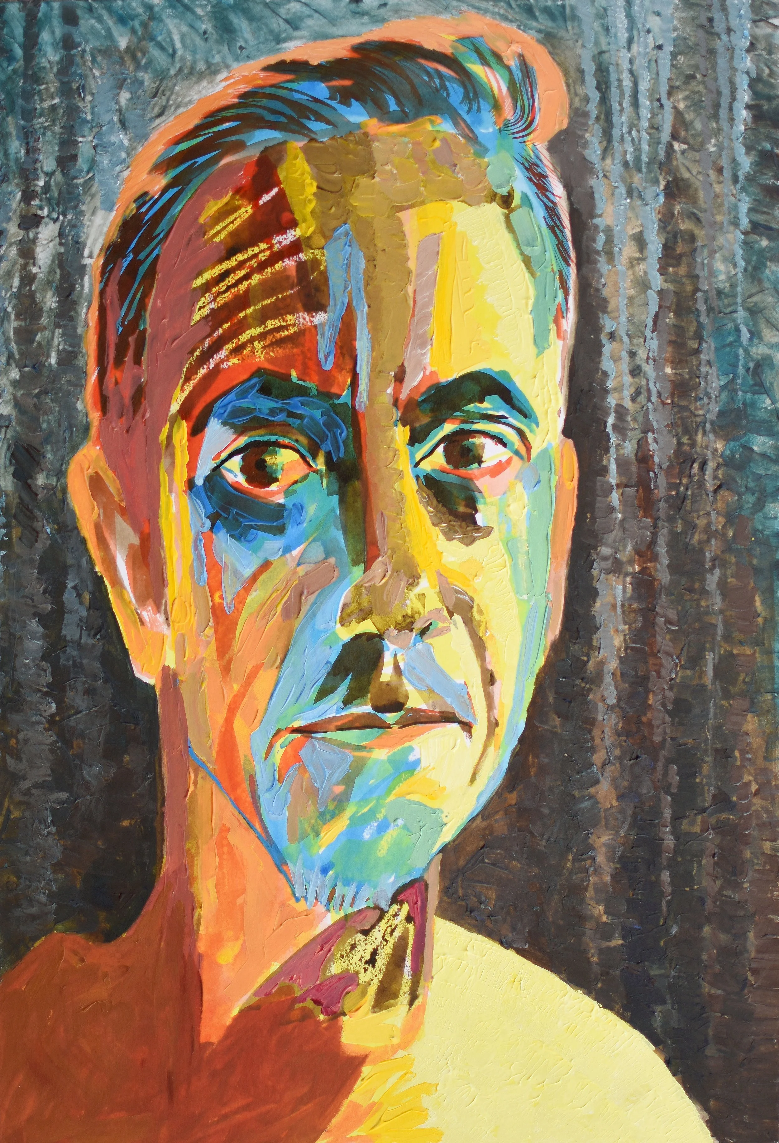 A colorful abstract portrait of a man, painted in broad, textured brushstrokes with hues of yellow, orange, blue, and green, set against a dark background.
