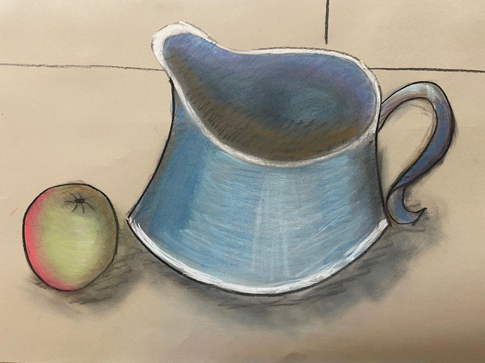 A colored pencil drawing of a blue ceramic pitcher filled with a dark liquid and a small apple with red and yellow hues placed beside it on a light-colored surface.