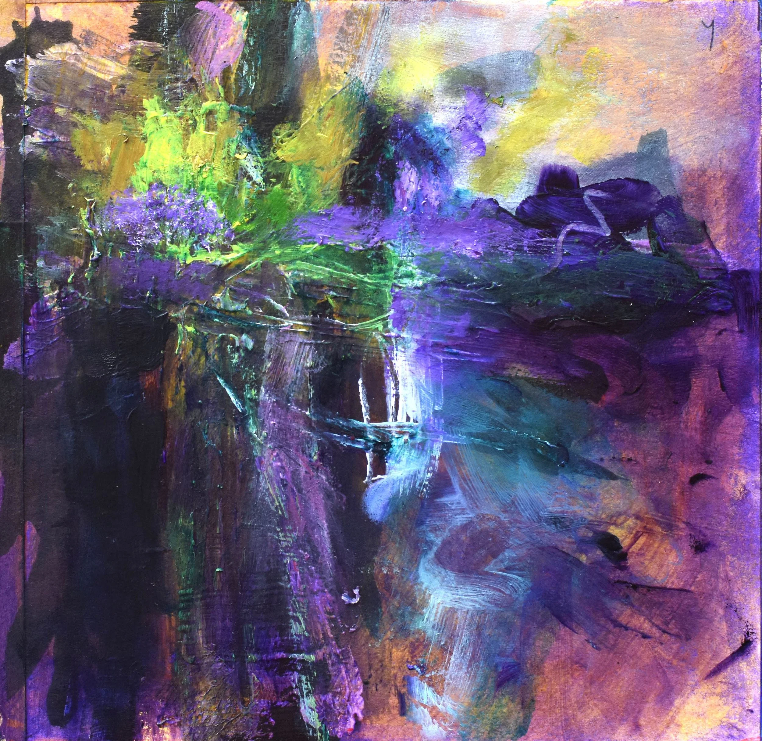 Abstract painting with vibrant colors of green, purple, yellow, and black, featuring textured brushstrokes and layered paint.